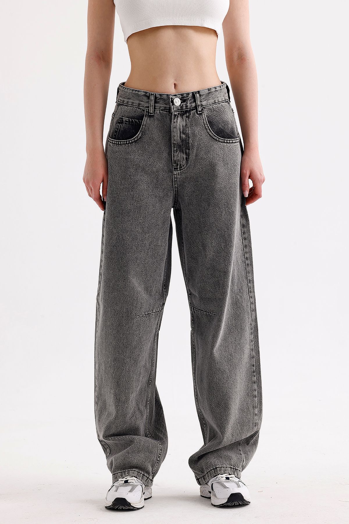 VOSSAX-Women's High Waist Buckle Detailed Loose Fitting Wide Leg Casual Baggy Jean Blue Jeans Loose Pants 1