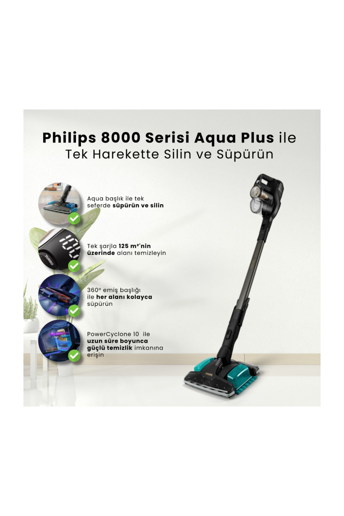 Philips Aqua Plus Kablosuz Şarjlı Dik Süpürge, 80 Dakika Kullanım Süresi, Islak ve Kuru Kullanım