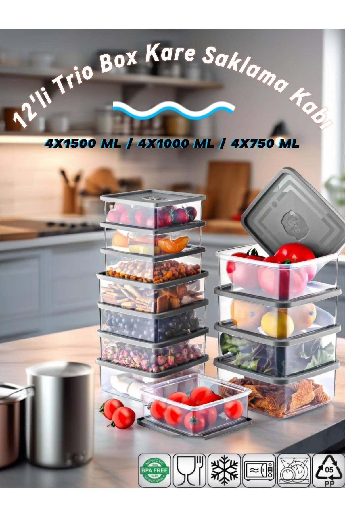 MEDUSHOP 12'Li Set Kare Difriz & Mikrodalga Uyumlu Saklama Kabı X4 0,75 Lt/1 Lt/1,5 Lt