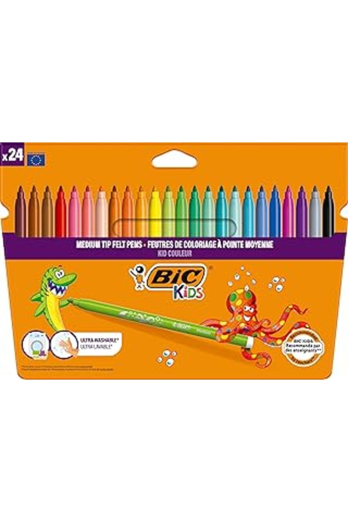 Genel Markalar BIC Kids Kid Couleur Ultra Yıkanabilir Keçeli Boya Kalemi 24 Renk, Kolayca Çoğu Kumaştan Çıkar, Su