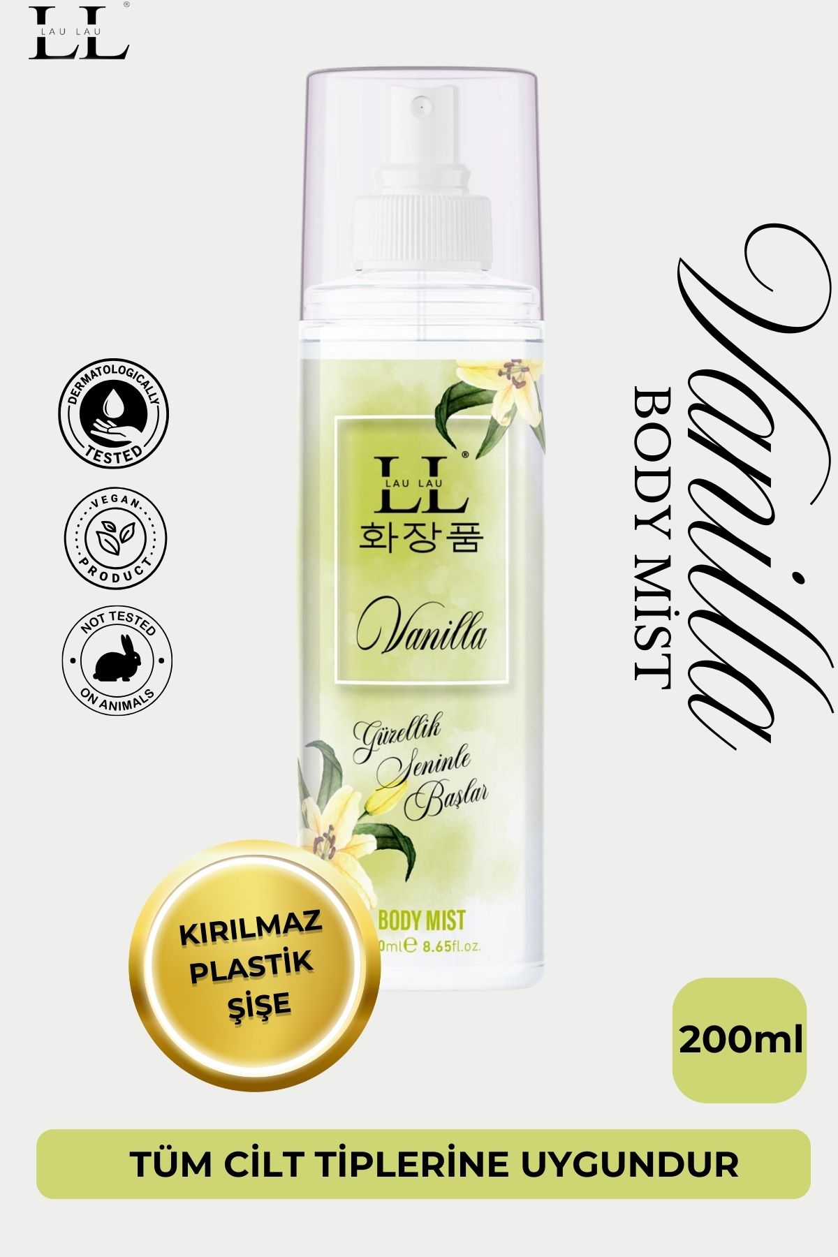 LAU LAU Body Mist Vanilla & Vücut Spreyi Vanilya Kokulu 200 ml Büyük Şişe