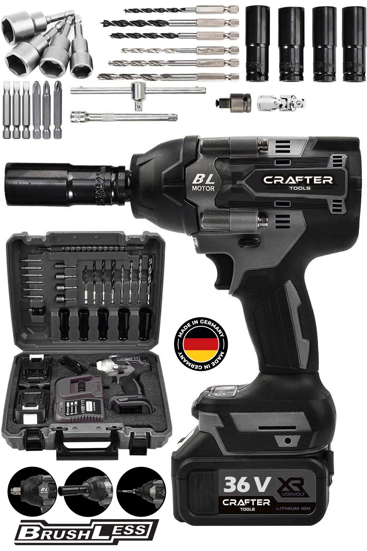 CRAFTERTOOLS Germany 800Nm 36Volt 5Ah Akülü Torklu Somun Sıkma Bijon Sökme Kömürsüz Matkap 10 Pilli Batarya