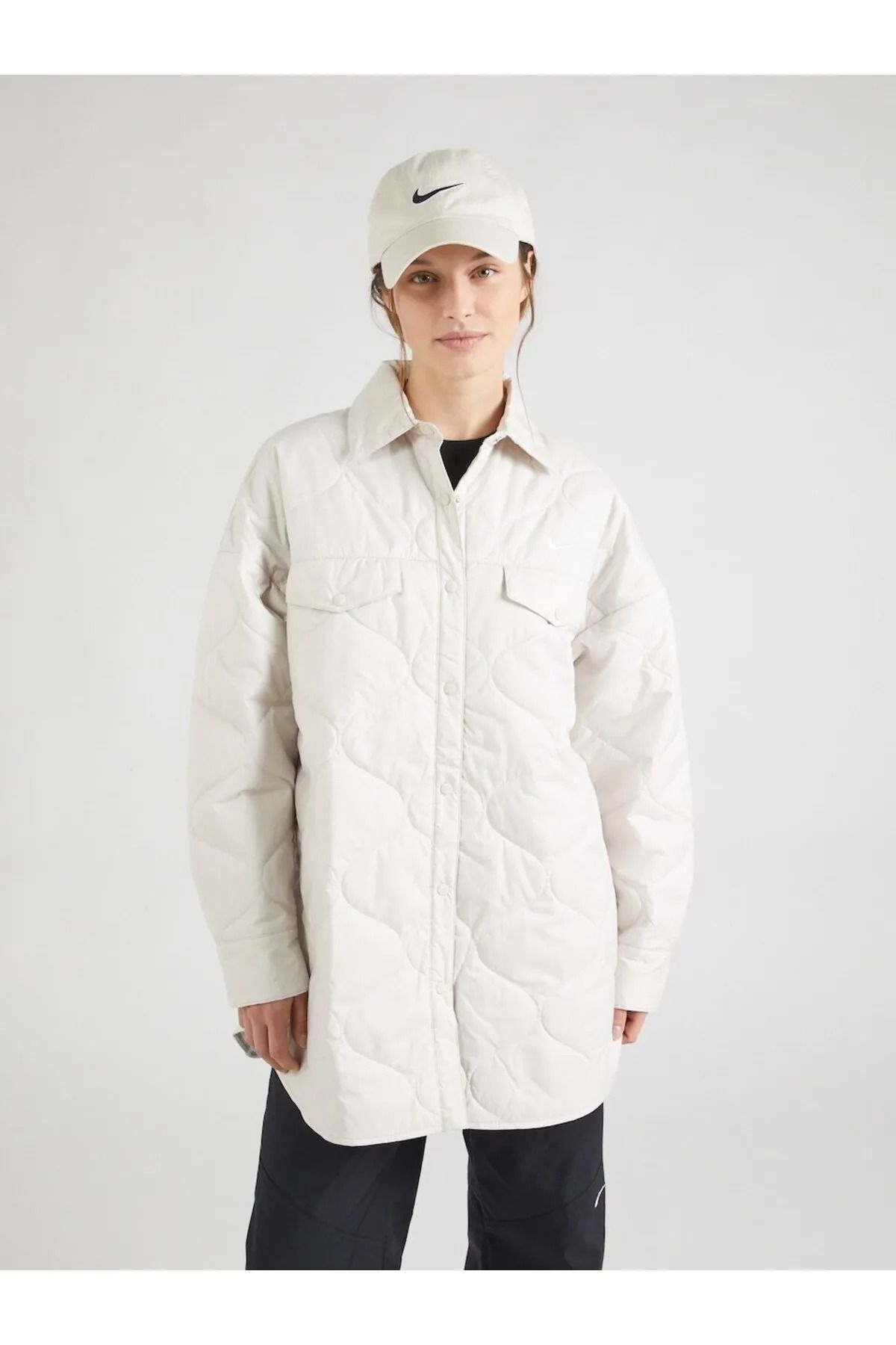 Nike-Sportswear Essential Quilted Trench Full-Snap Oversize Cream Women's Quilted Jacket 1