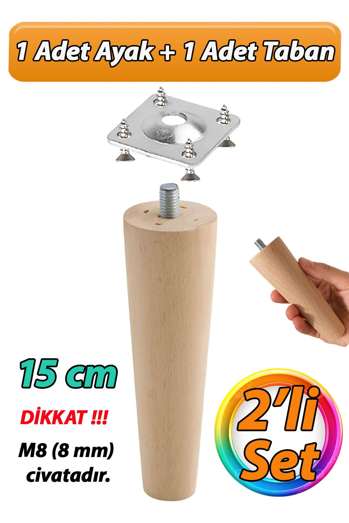 GLASWEN Ahşap Ayak 15 Cm 2'li Set M8 Civatalı Bağlantı Aparatlı Dolap Mobilya Koltuk Kanepe Destek Ayağı Aya