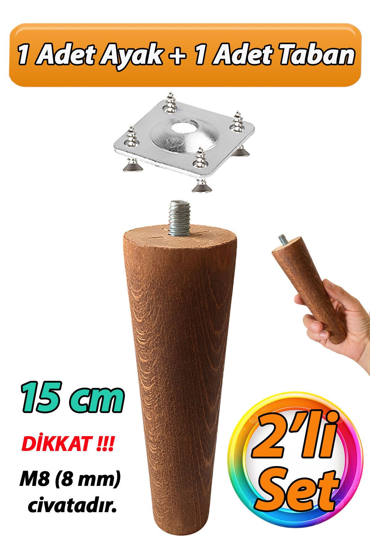 GLASWEN Ahşap Ayak 15 Cm 2'li Set Koyu Meşe M8 Civatalı Bağlantı Aparatlı Dolap Mobilya Koltuk Kanepe Destek