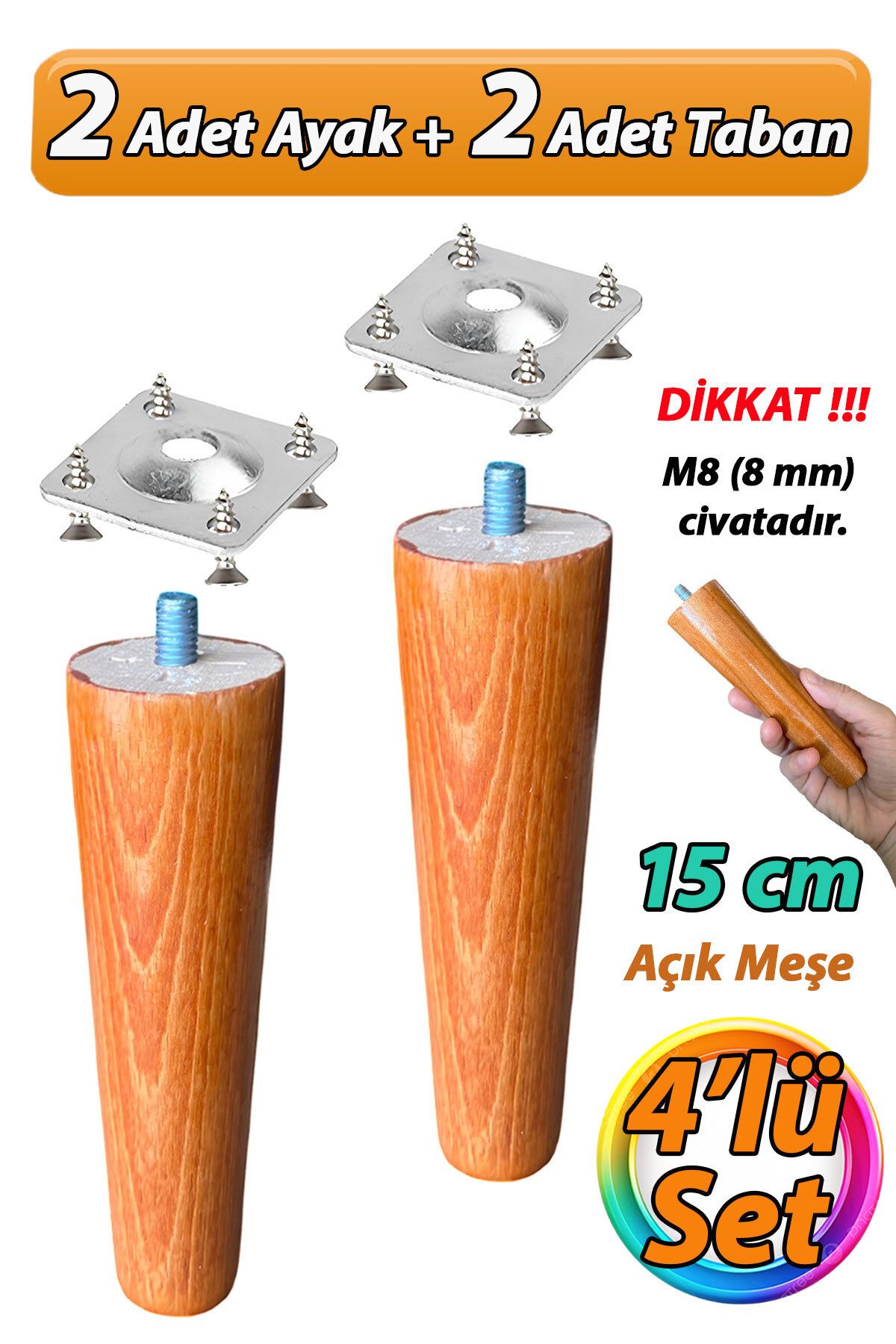 GLASWEN Ahşap Ayak 15 Cm 4'lü Set Açık Meşe M8 Civatalı Bağlantı Aparatlı Dolap Mobilya Koltuk Kanepe Destek