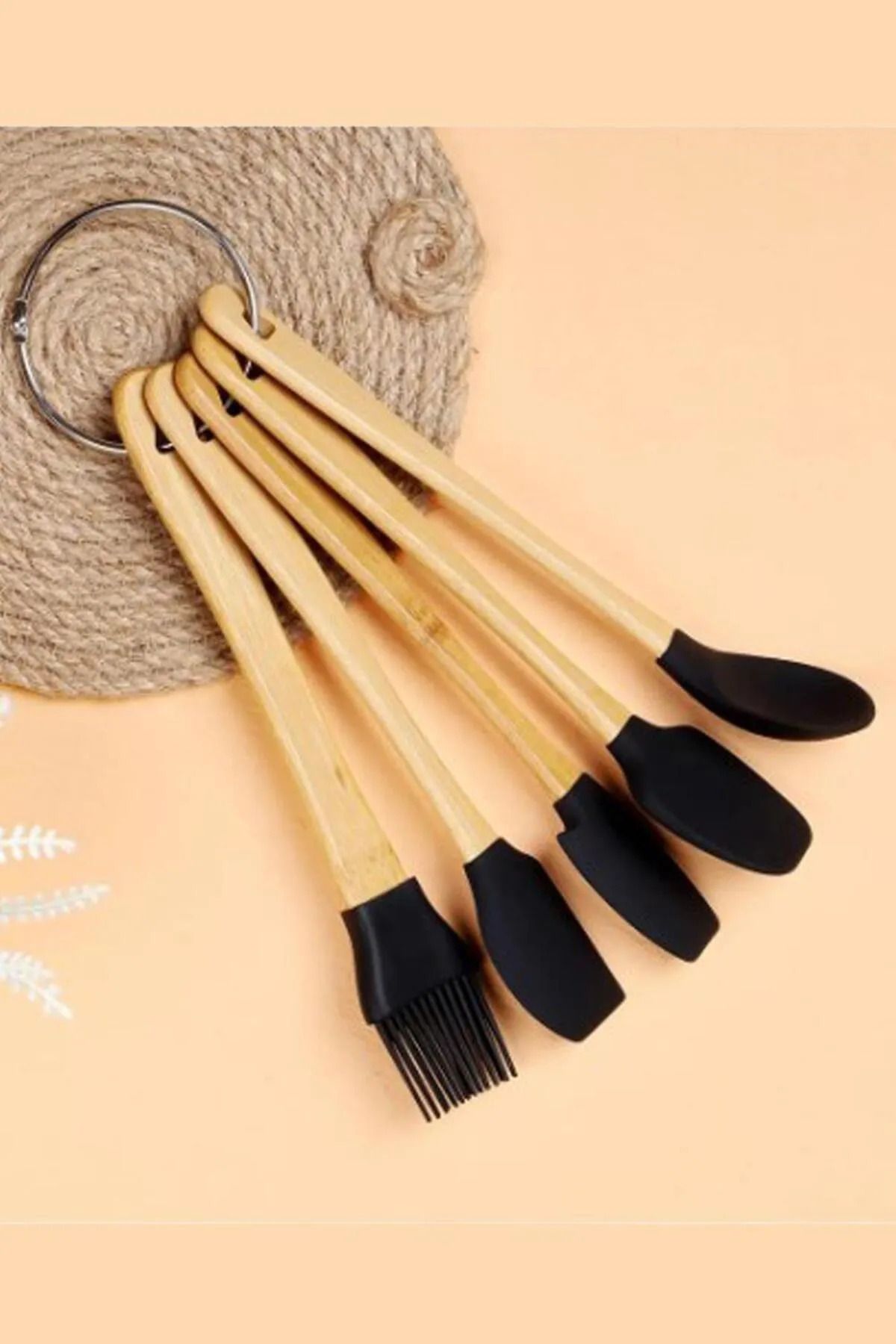 Moryan 5 Parça Bambu Saplı Mini Silikon Spatula,Kaşık,Fırça Seti- Yüksek Kalite Silikon Set-BPA Free