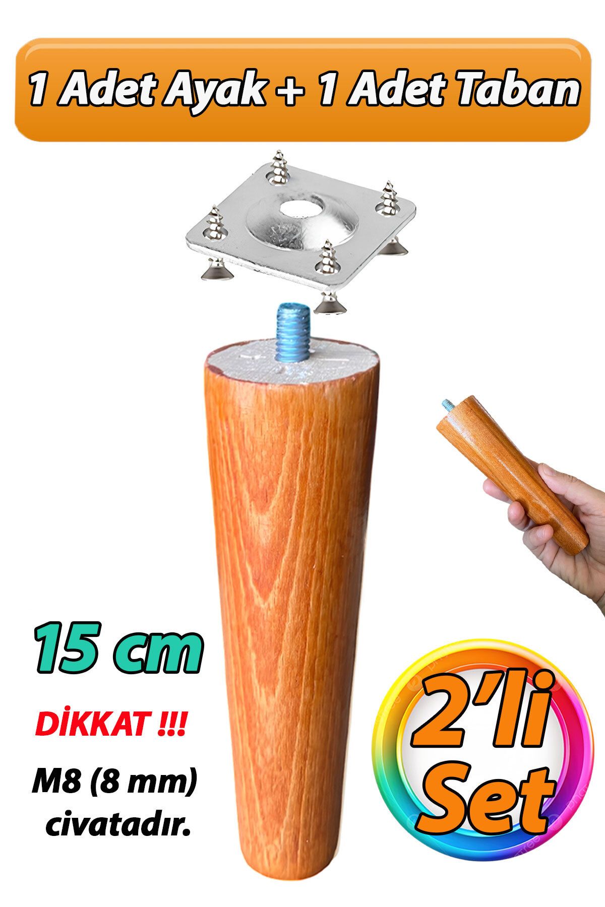 GLASWEN Ahşap Ayak 15 Cm 2'li Set Açık Meşe M8 Civatalı Bağlantı Aparatlı Dolap Mobilya Koltuk Kanepe Destek