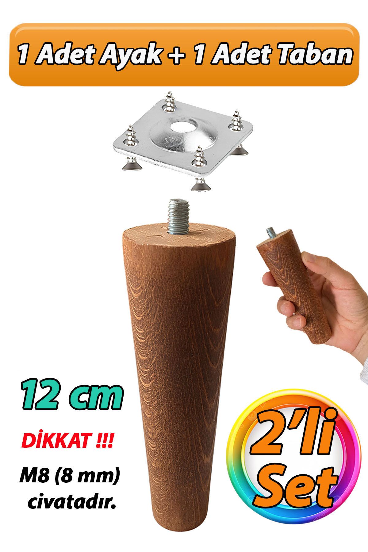 GLASWEN Ahşap Ayak 12 Cm 2'li Set Koyu Meşe M8 Civatalı Bağlantı Aparatlı Dolap Mobilya Koltuk Kanepe Destek