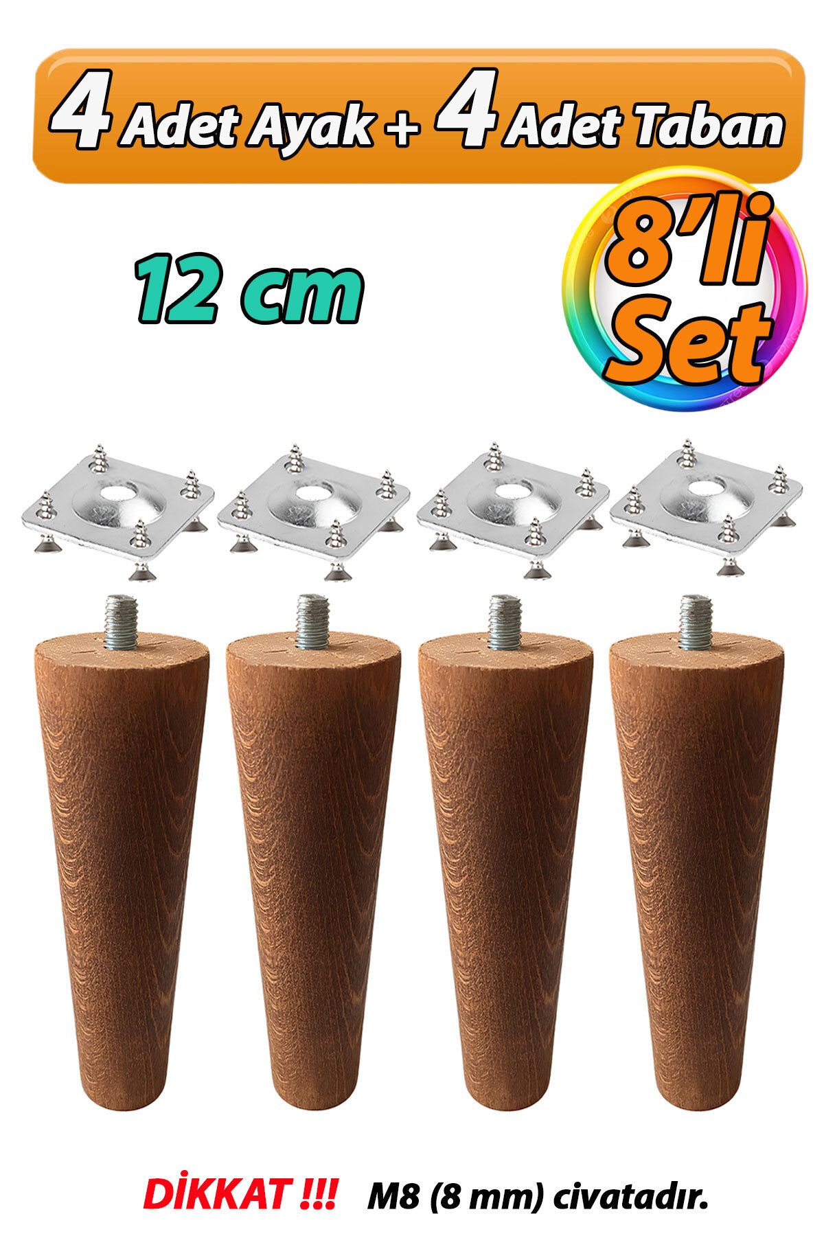 GLASWEN Ahşap Ayak 12 Cm 8'li Set Koyu Meşe M8 Civatalı Bağlantı Aparatlı Dolap Mobilya Koltuk Kanepe Destek