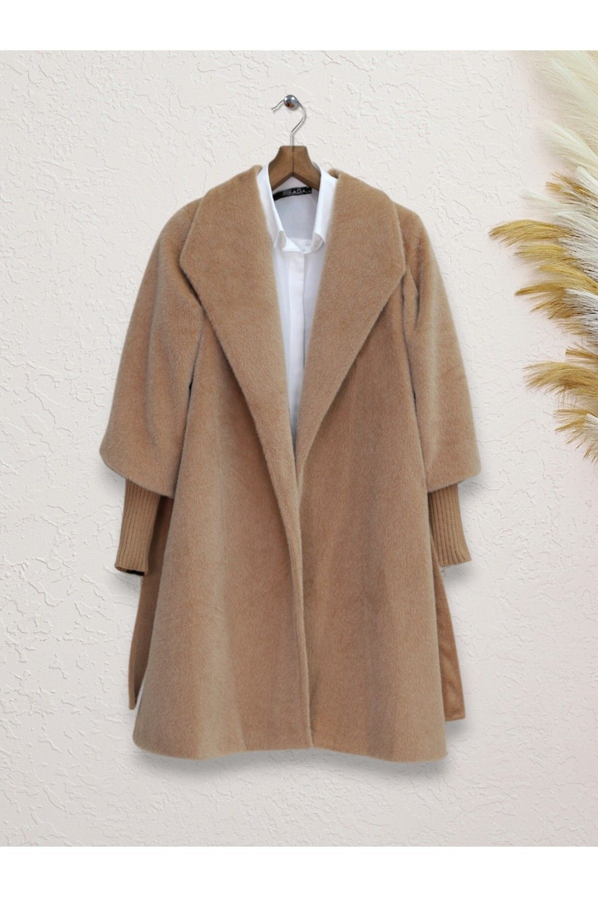 Modamorfo-Ribbed Shawl Collar Lined Cashmere Coat with Sleeves -Tan 1