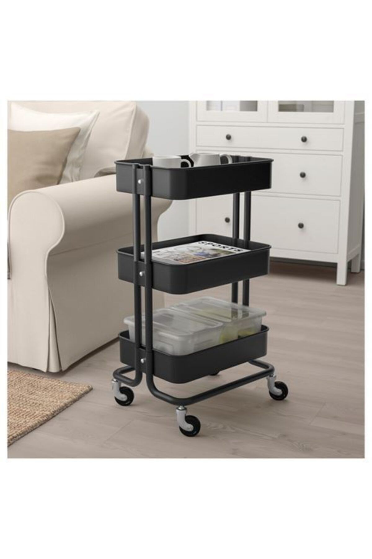IKEA-Ikea Bathroom Organizer - 35X45X78 cm Rack Unit with Casters, Service Trolley Çelik-Black 3