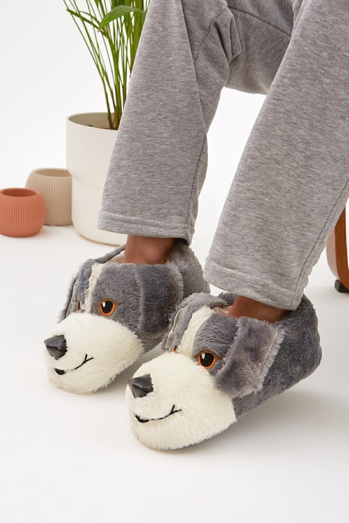 Moda Devrin-Mdes Gray Animal Silent Sole Slippers Cute Dog Figure Plush Home Shoes 3