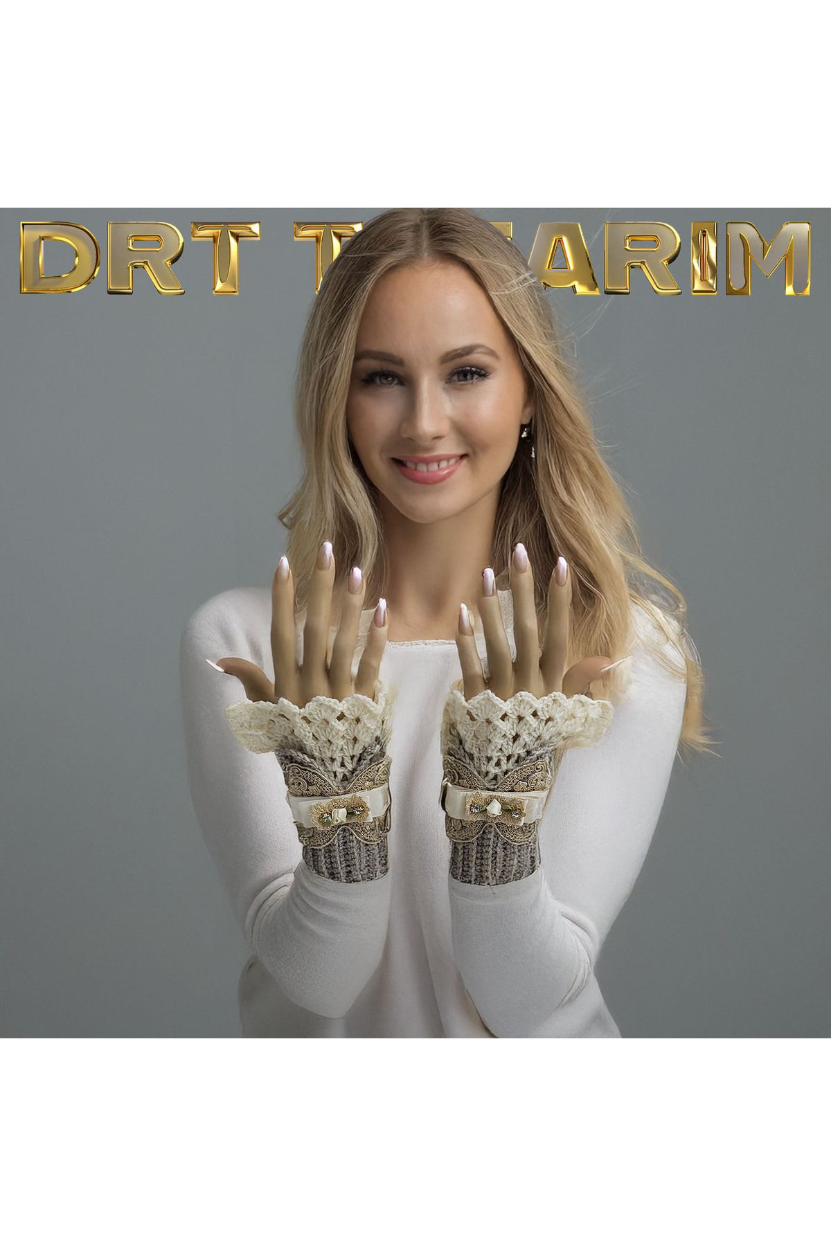 drt tasarım-Gray Victorian Style Lace Detailed Crochet Hand Knitted - Fingerless Gloves 5