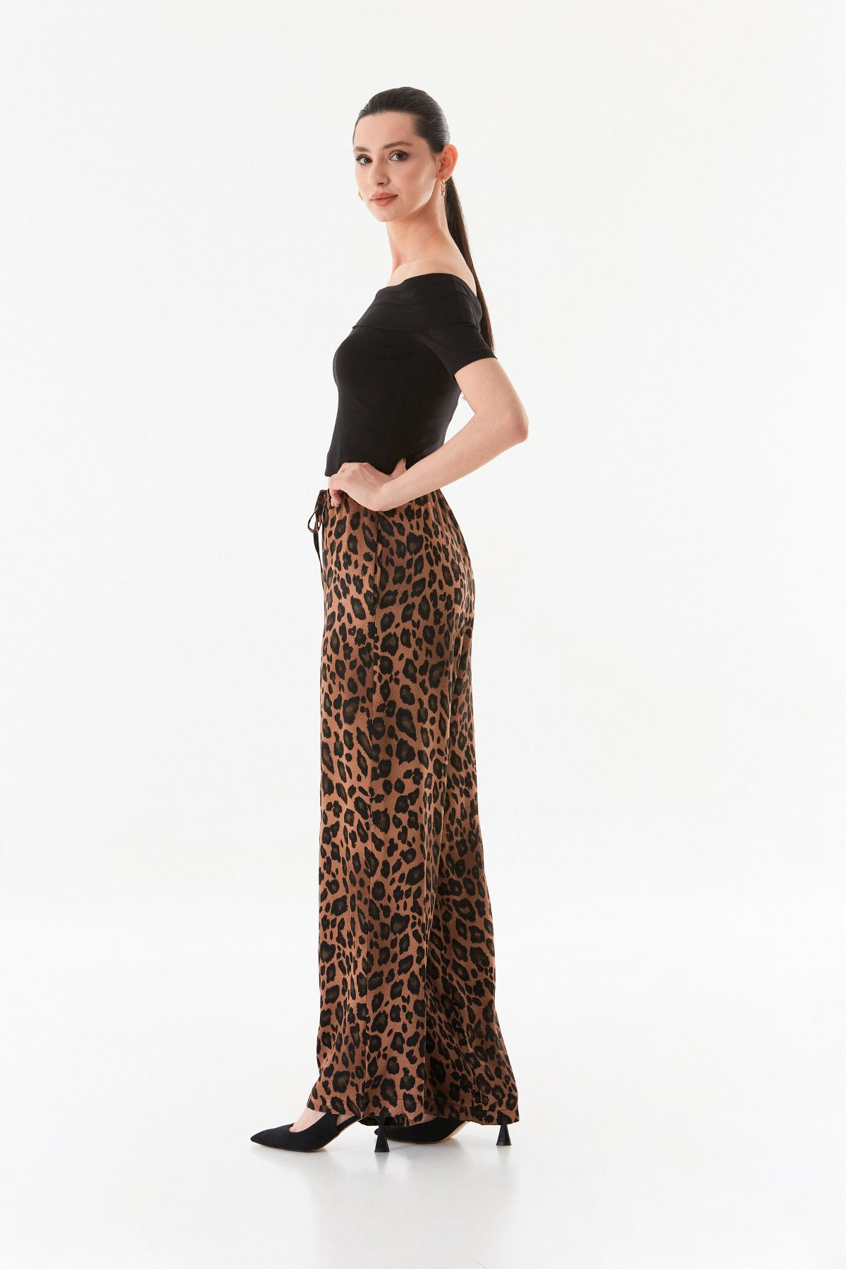 Fulla Moda-Leopard Print Satin Trousers with Elastic Waist 6