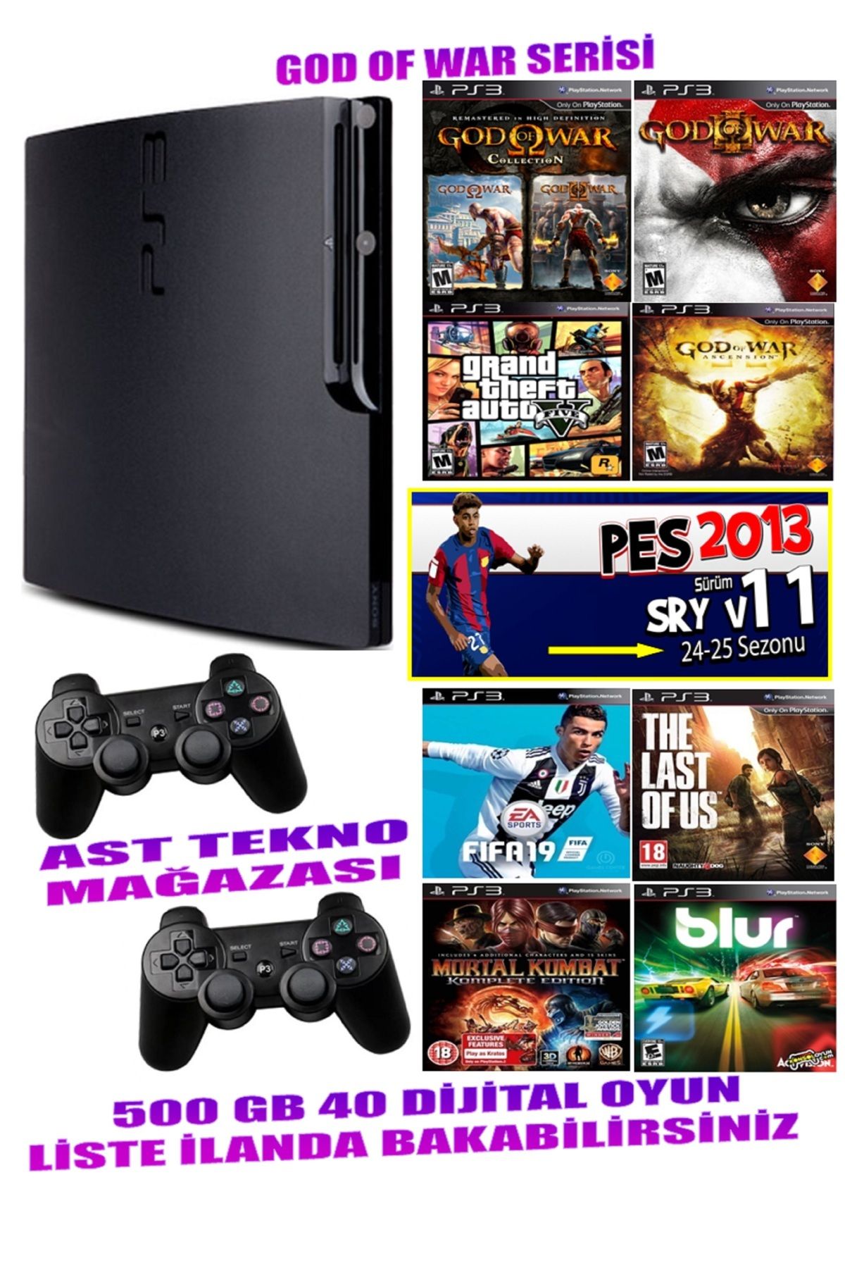 AST Sony Playstation 3 Slim 500 Gb ( Yenilenmiş ) 2 Kablosuz Kol 40 Dijital Oyun Garantili Ürün