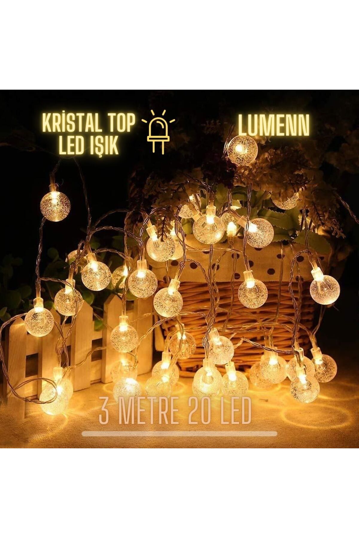 Lumenn Kristal Top Led Işık|3 Metre 20 Ledli Pilli Şeffaf Kablolu Gün Işığı Dekoratif Aydınlatma