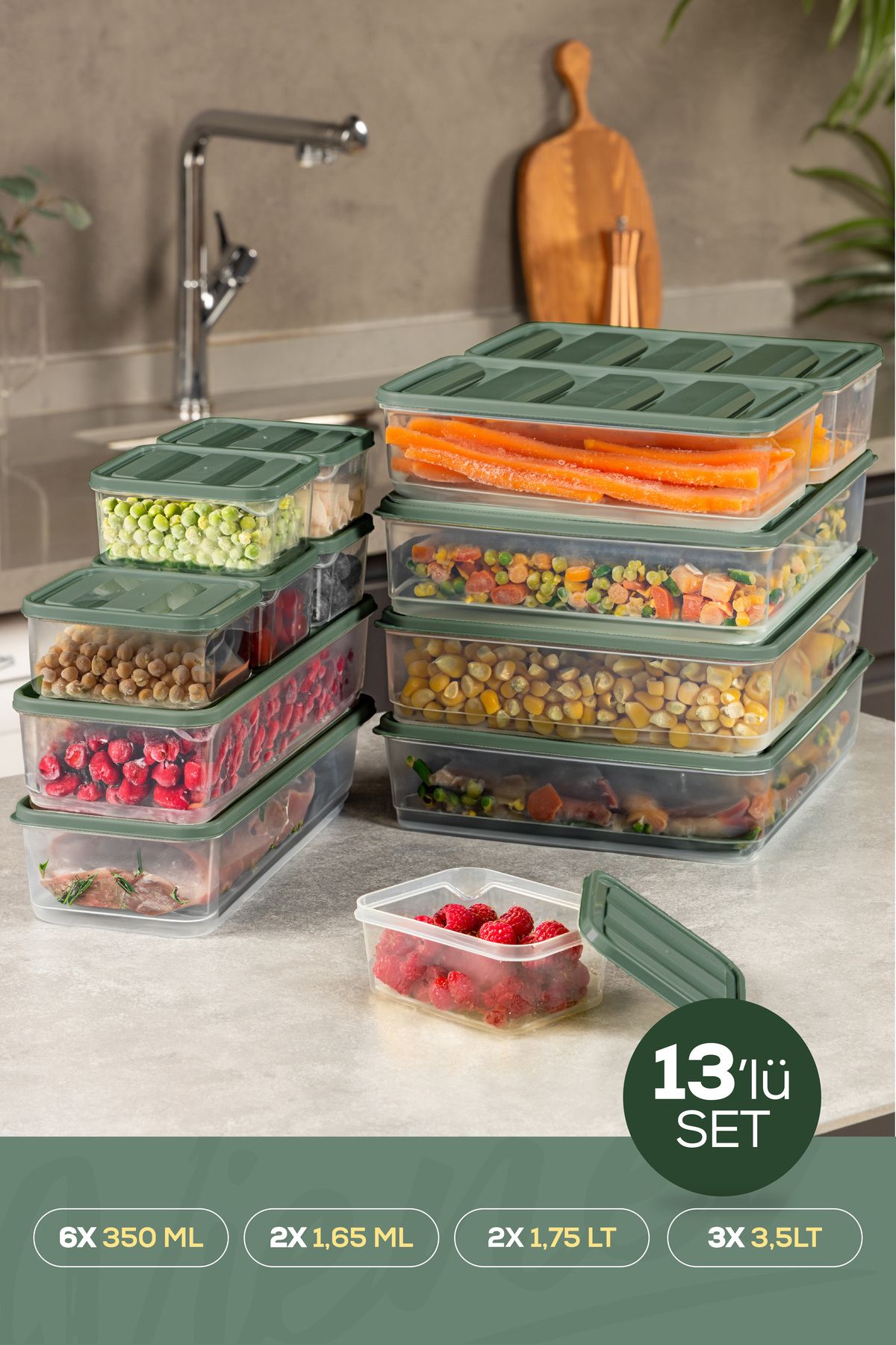Vienev-منظم فريزر ثلاجة أخضر - طقم تخزين مكون من 13 قطعة 6x350 مل 2x165 لتر 3x350 لتر 2x175 لتر 1