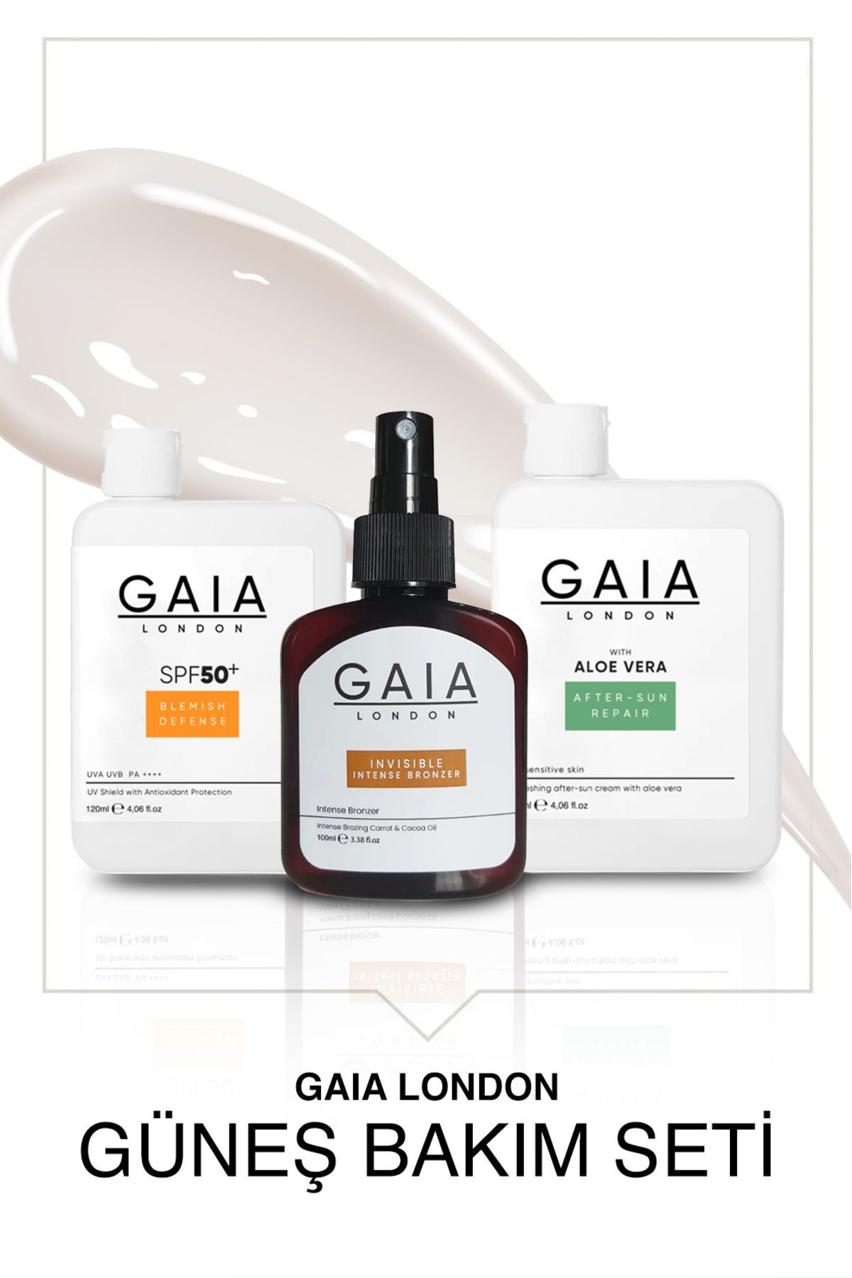 Gaia London Güneş Bakım Seti 3 Lü (BLEMISH DEFENSE-ALOE VERA-İNVİSİBLE INTENSE BRONZER)