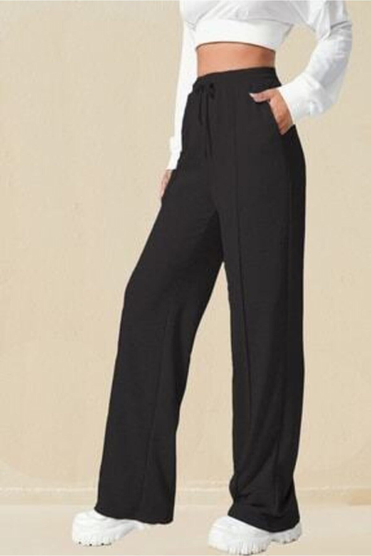 LaMonde Butik Pantaloni De Trening Negri Cu Dungi Late Pentru Femei Femeie - XL