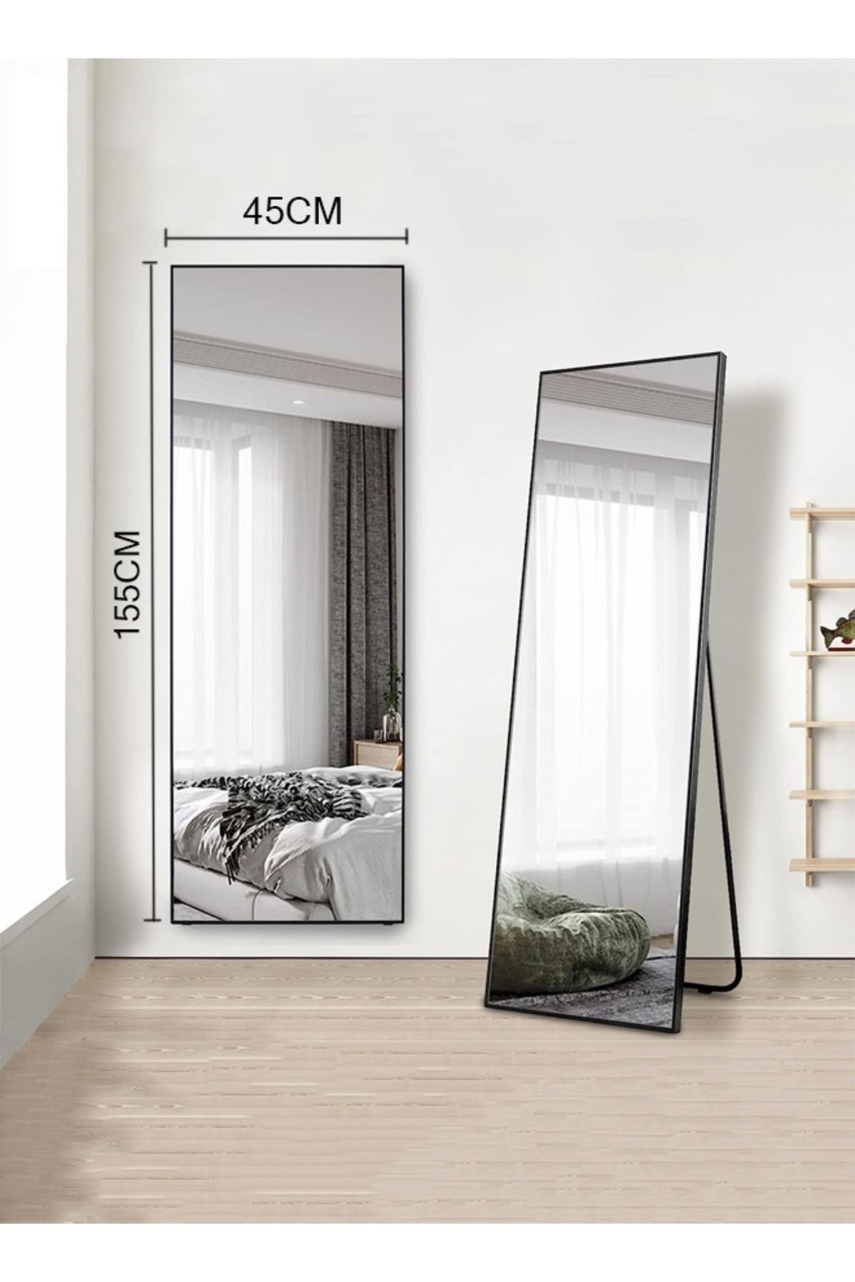 Taimi-مرآة كبيرة بتصميم أنيق 155×45 سم - مرآة كاملة الطول بإطار معدني أسود وحامل خلفي 6