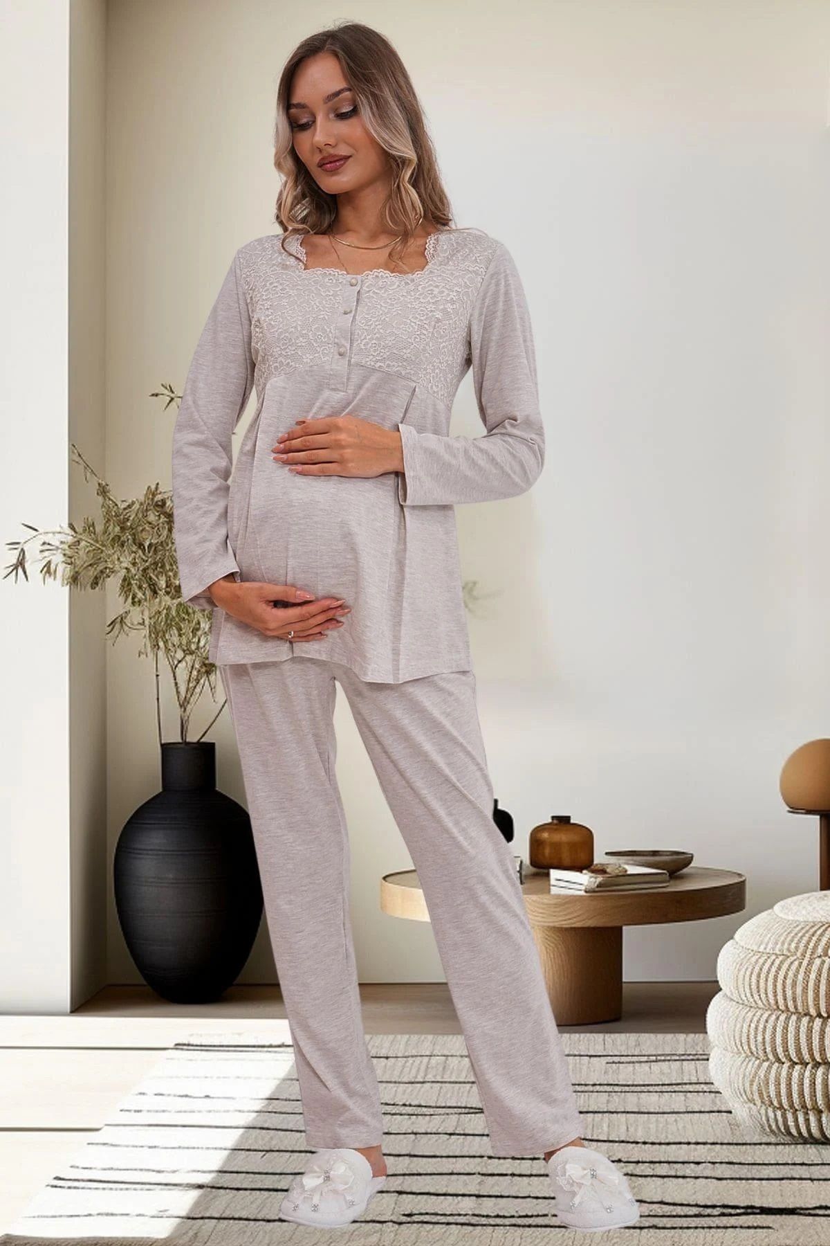 Mecit Pijama-Set de pijamale din guipură cu mâneci lungi pentru maternitate și maternitate - 75% bumbac 25% viscoză 2