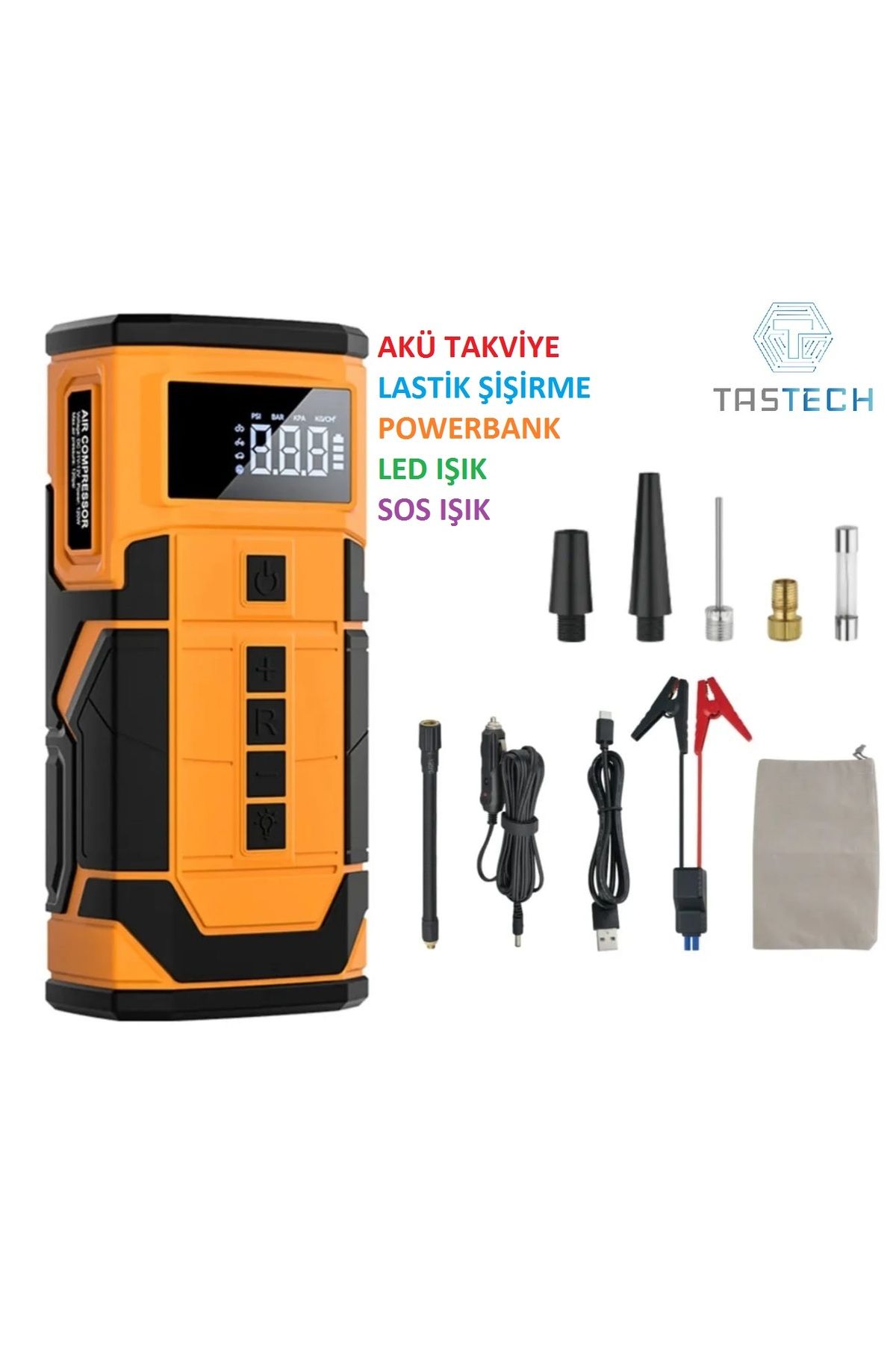 Tastech ACİL AKÜ TAKVİYE MARŞ MOTORU START 8000MAH 14.8V 150PSİ LASTİK ŞİŞİRME POMPASI POWERBANK