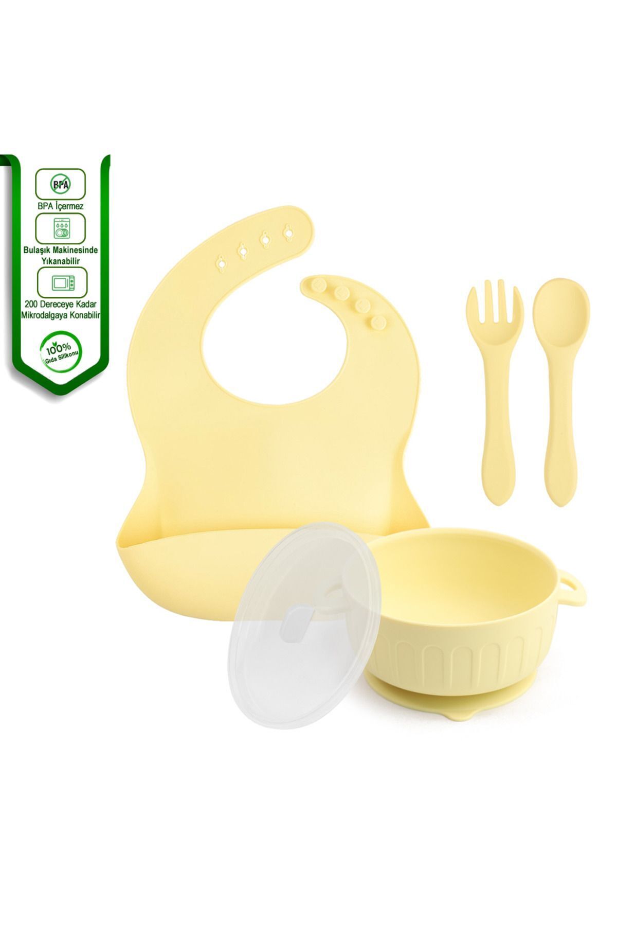 jojobebek Silikon Beslenme Seti, Mama Tabağı, Kase, Çatal-Kaşık, Pipet, Bardak, Önlük, Emzik Kılıfı / Sarı fotoğrafı 4 (önizleme)