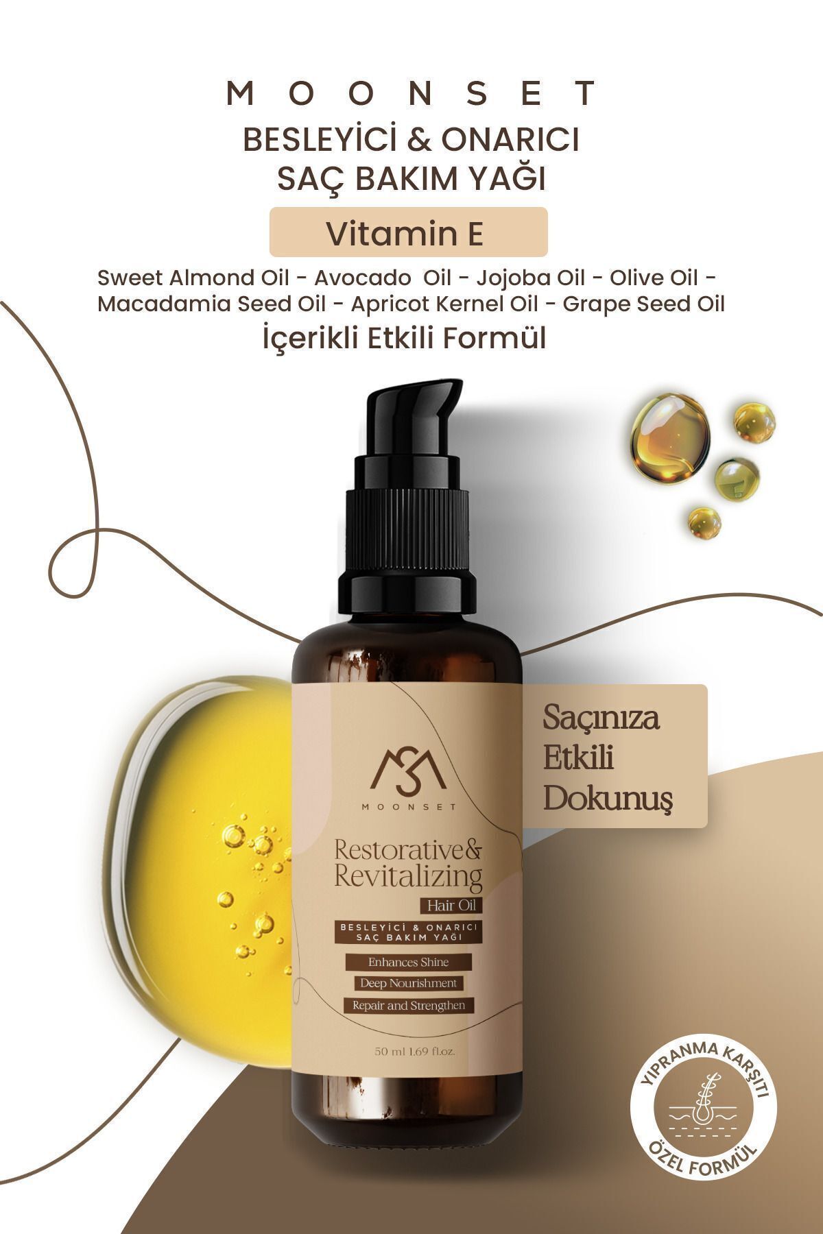 moonset Besleyici Ve Onarıcı Saç Bakım Yağı 50 ml - Tüm Saç Tipleri Için E Vitaminli Özel Formül-2