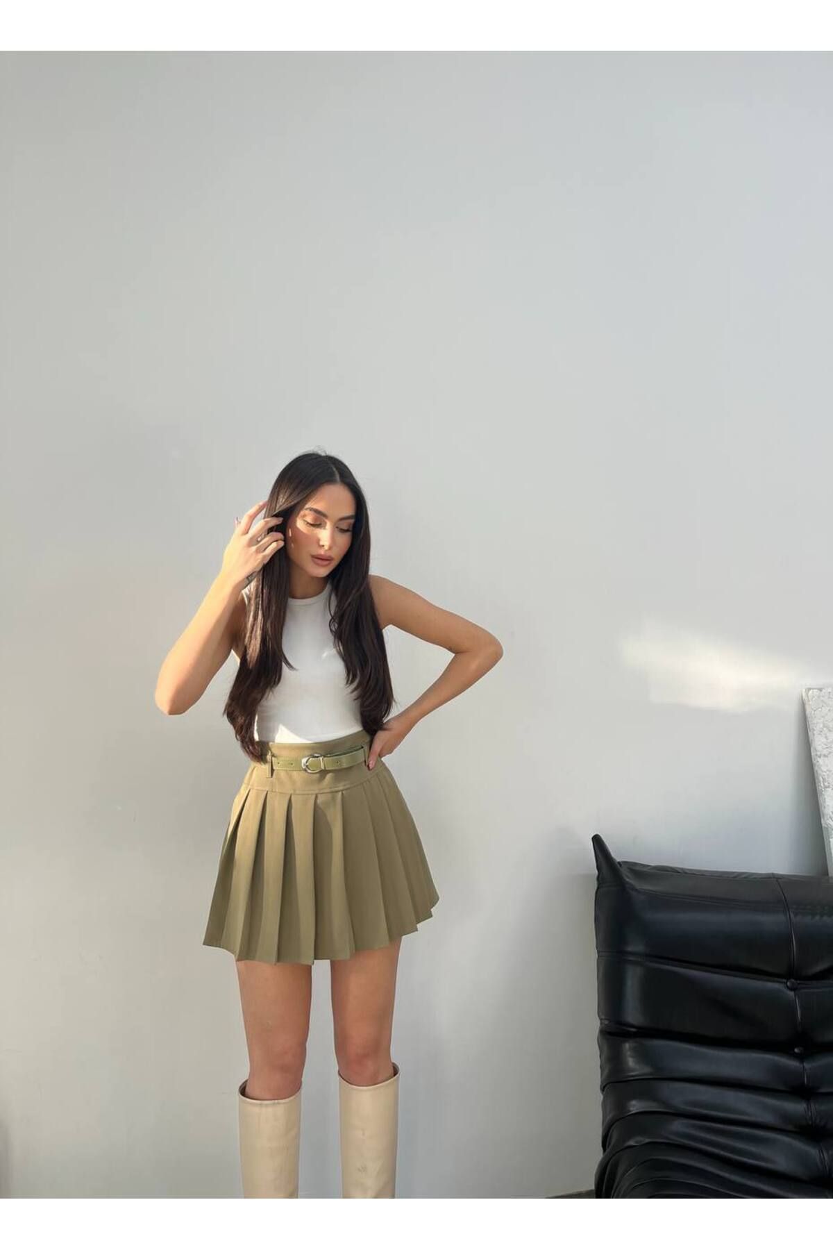 Bak'ap-Belted Pleated Mini Shorts Skirt 2