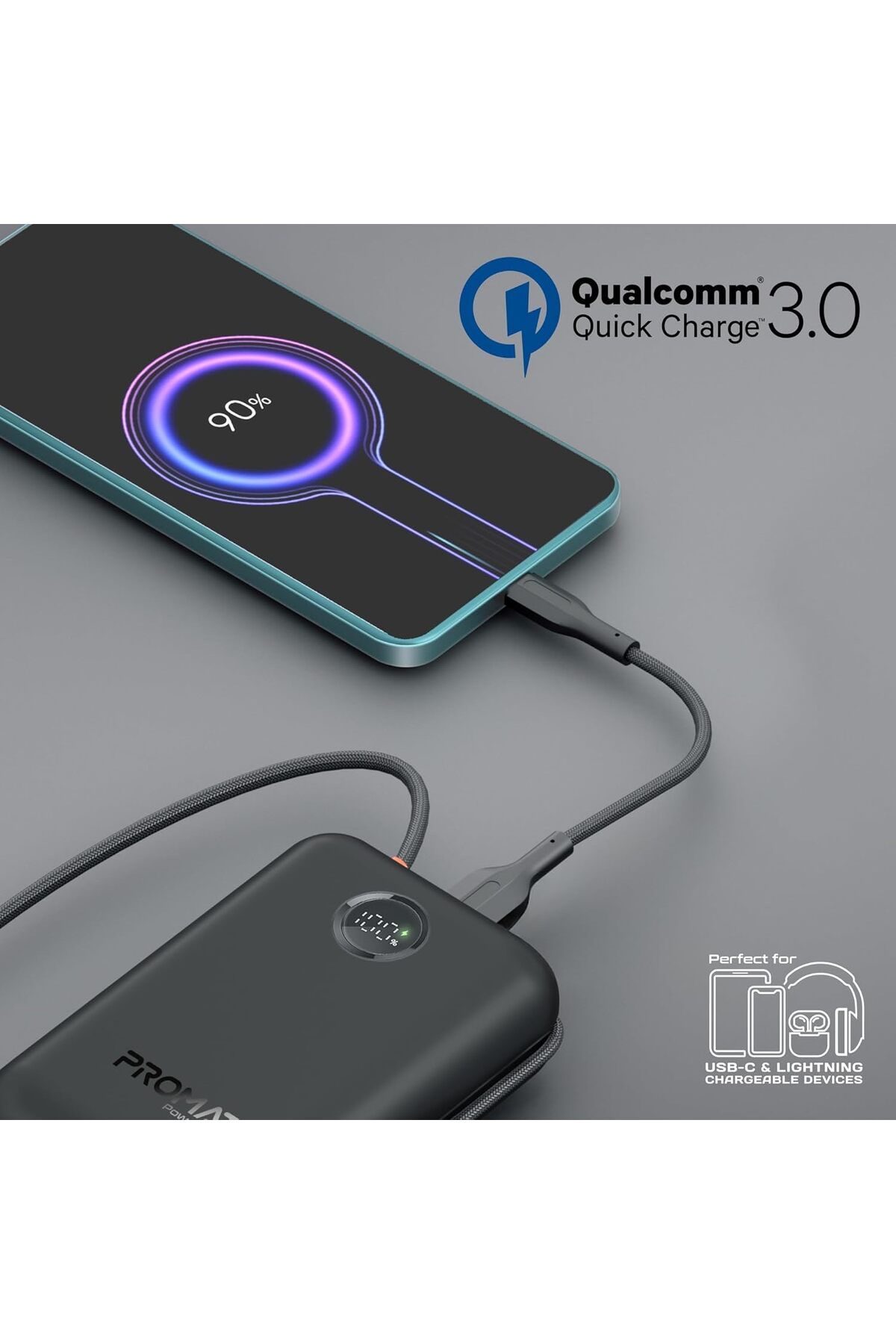 Promate-باور بانك 4 في 1 بسعة عالية 30000 مللي أمبير في الساعة 35 وات، مع كابل USB-C مدمج 4