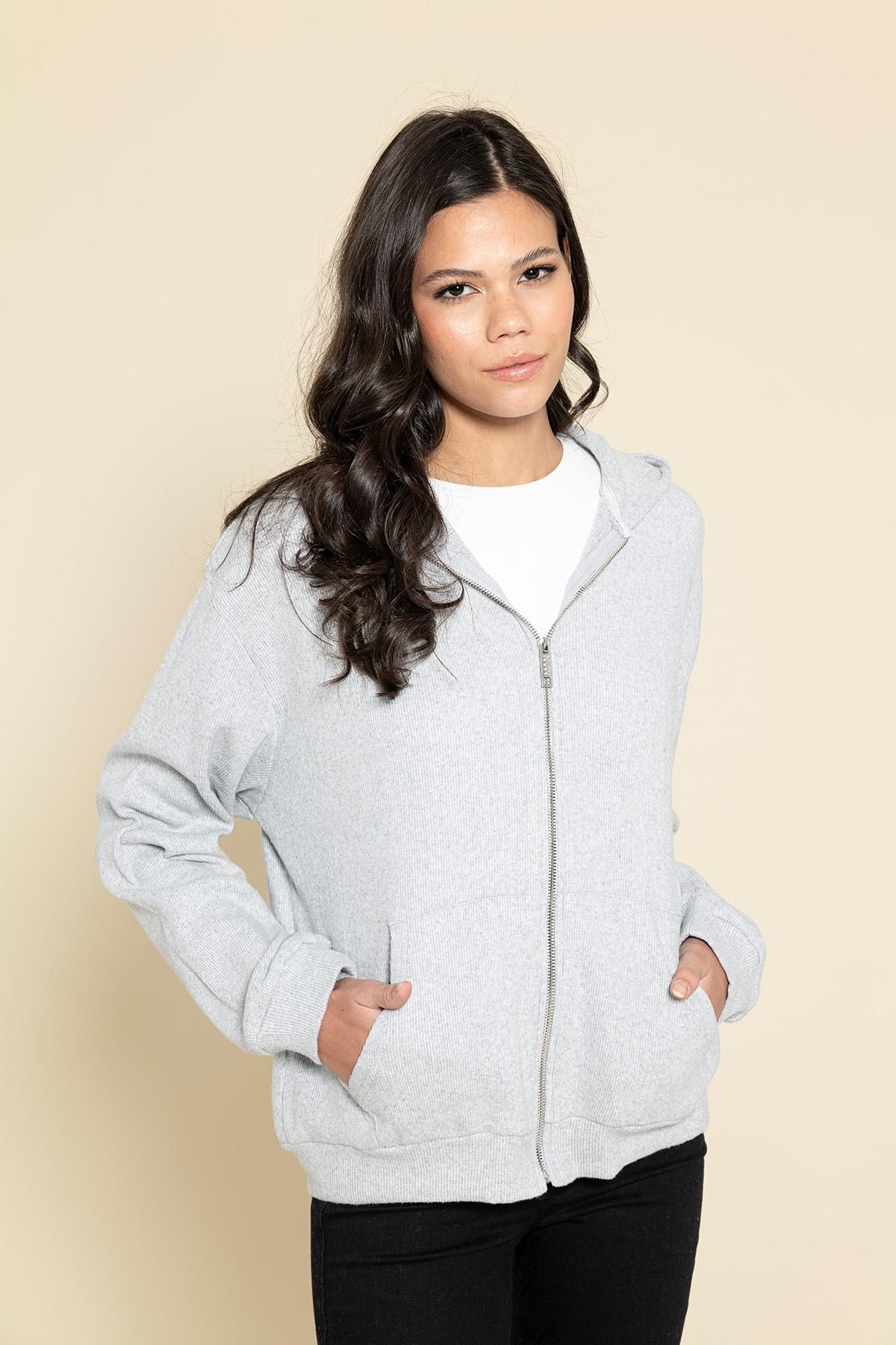 FOR YOU MODA Oversize Fermuarlı Cepli Gri Sweatshirt