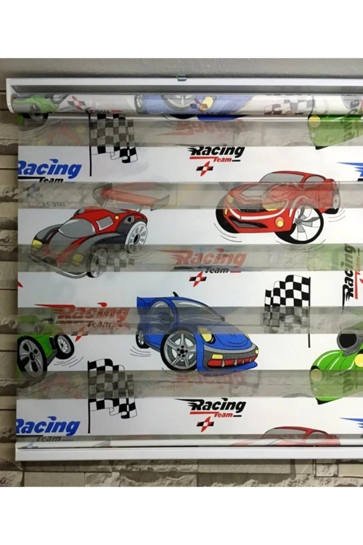 Miage Renkli Araba Racing Baskılı Desenli Zebra Stor Güneşlik Perde Düz Çocuk Odası