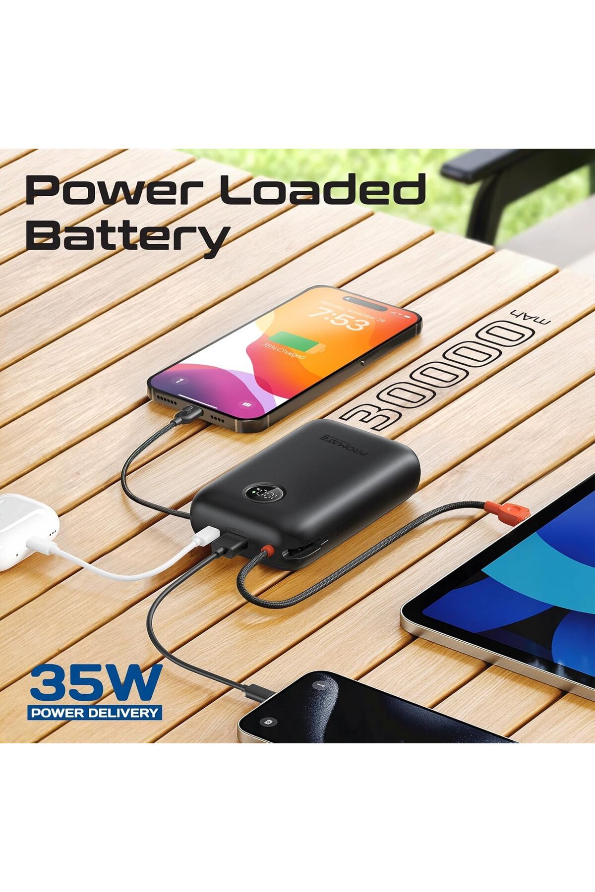 Promate-باور بانك 4 في 1 بسعة عالية 30000 مللي أمبير في الساعة 35 وات، مع كابل USB-C مدمج 3