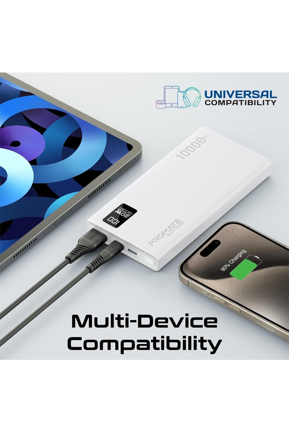 Promate-Power Bank 10000mAh Ultra-Slim with 20W USB-C Input/Output Port, QC 3.0 Output, USB-C Ports, 9