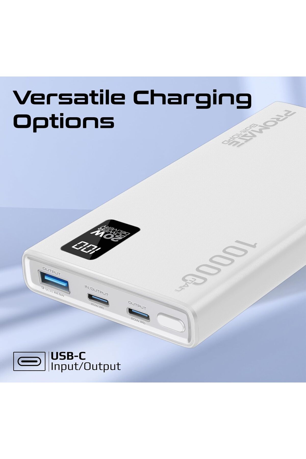 Promate-Power Bank 10000mAh Ultra-Slim with 20W USB-C Input/Output Port, QC 3.0 Output, USB-C Ports, 5