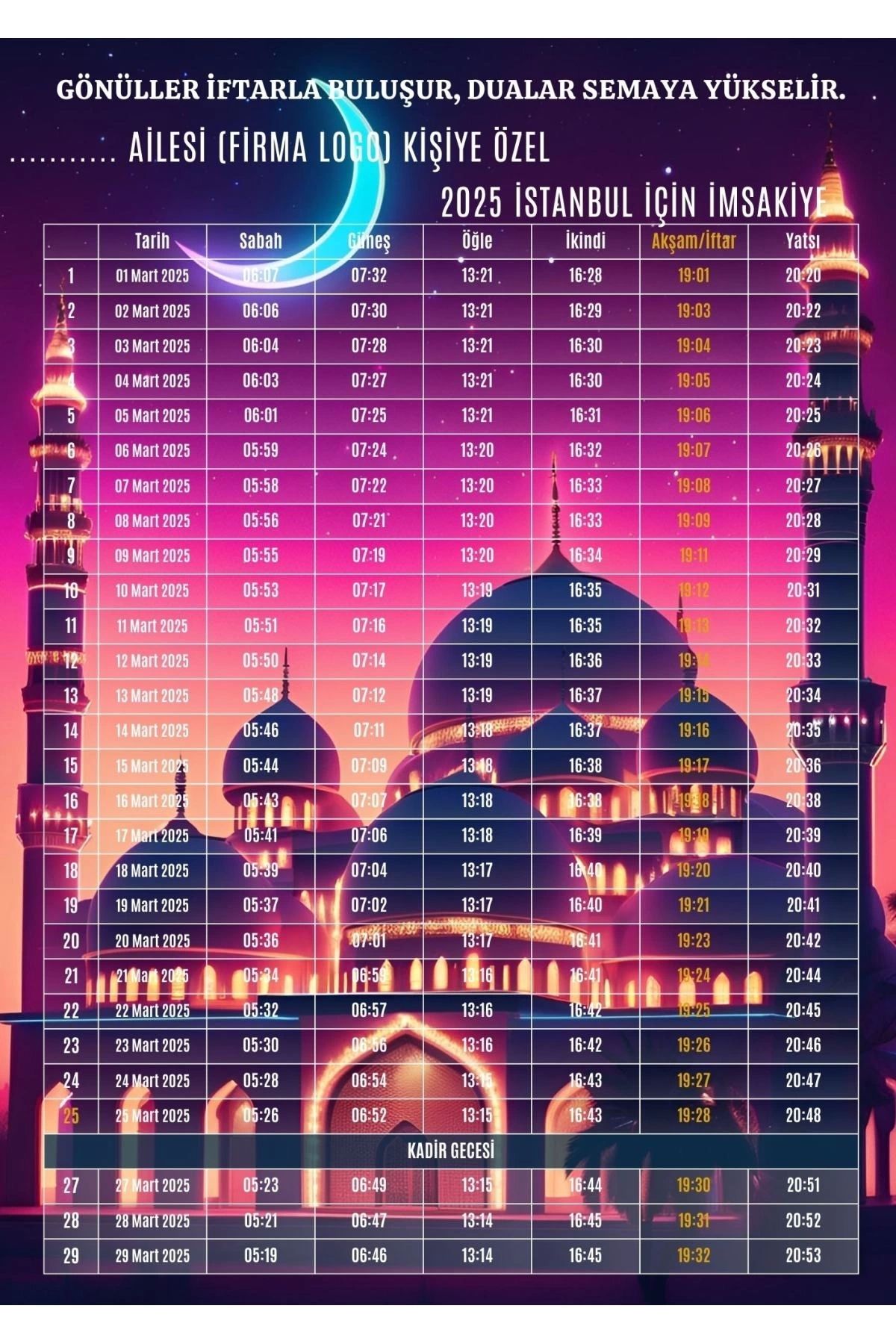 P Parla Ramazan İmsakiyesi Modern Kişiye Özel Tasarımlı Dijital Baskı 10 Adet A4 300 gr Model 6