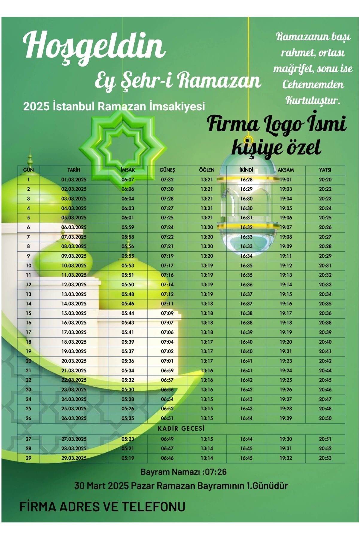 P Parla Ramazan İmsakiyesi Modern Kişiye Özel Tasarımlı Dijital Baskı 2 Adet A4 300 gr Model 19