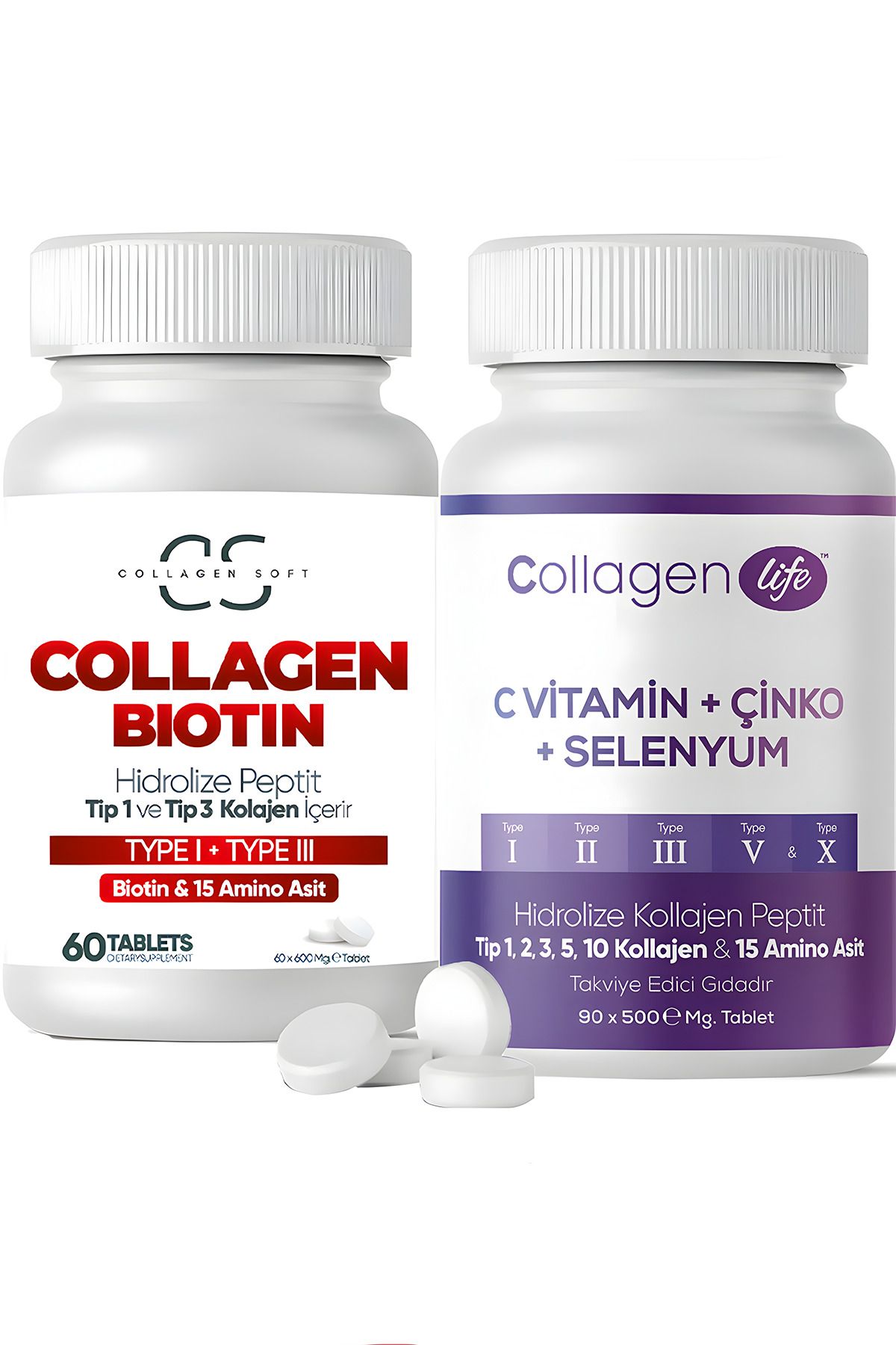 Collagen Soft 2'li Fırsat Seti Tip 1 Tip 3 Kolajen Biotin 60 Tablet | 5 Tip Kolajen 90 Tablet