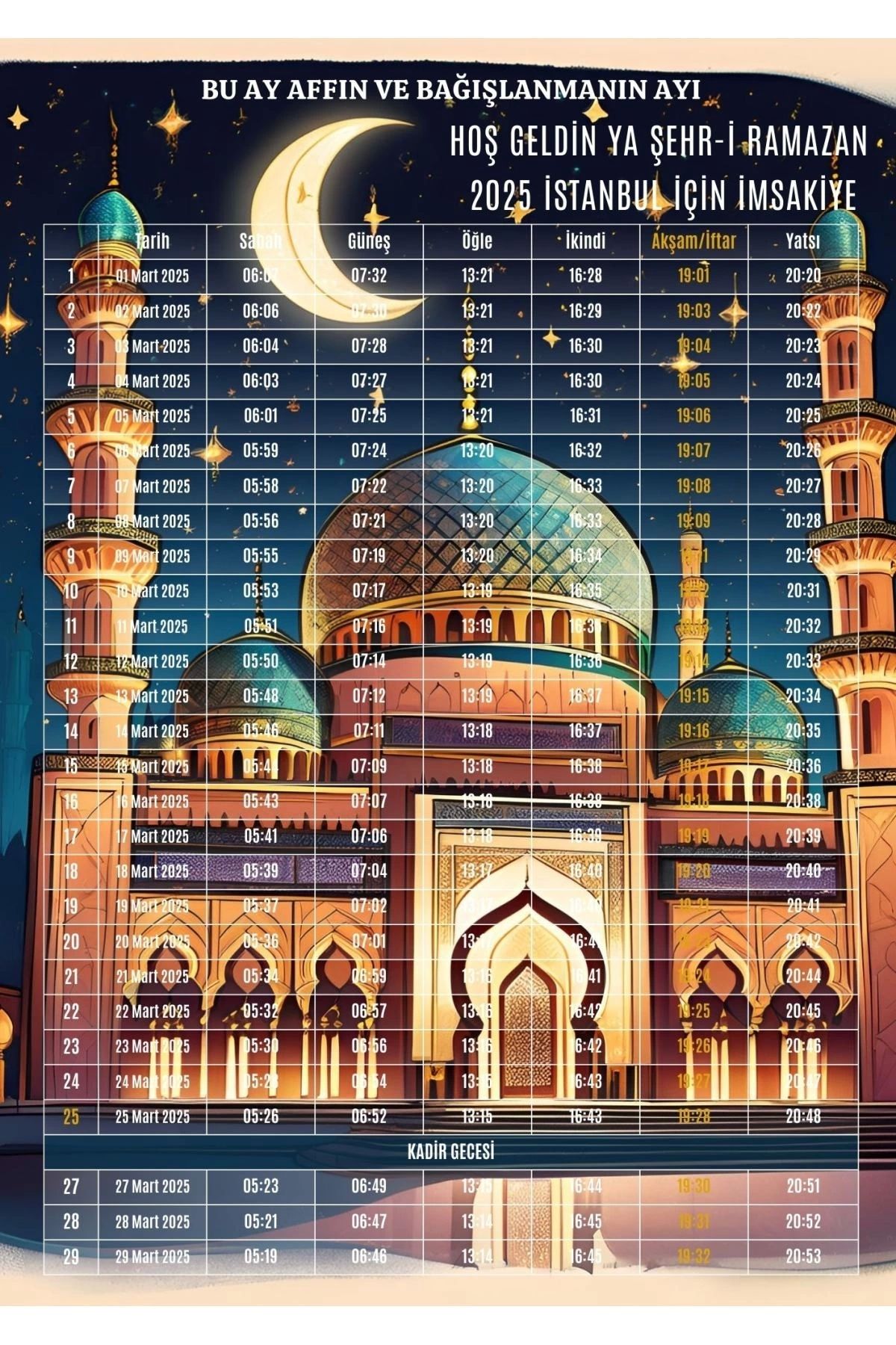 P Parla Ramazan İmsakiyesi Modern Kişiye Özel Tasarımlı Dijital Baskı 50 Adet A4 300 gr Model 5