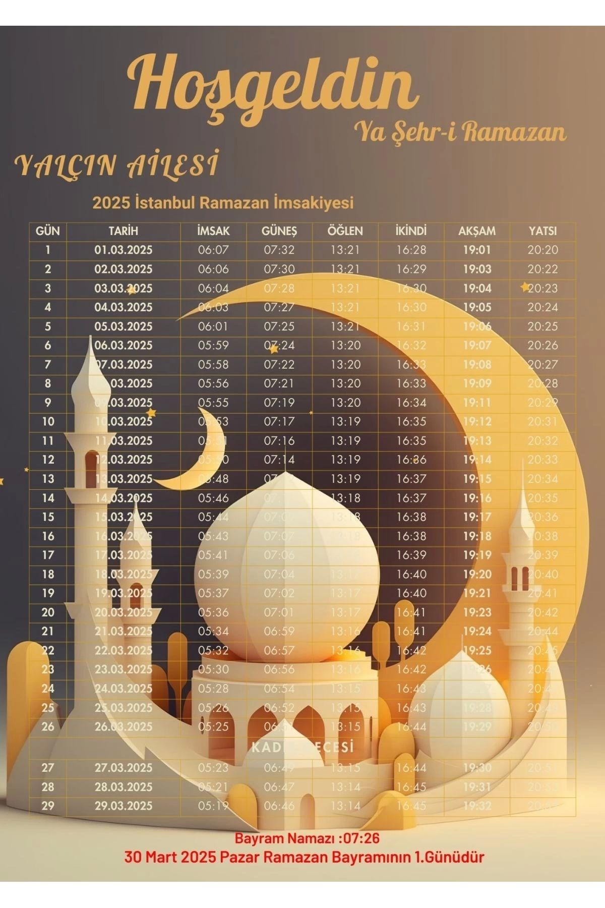 P Parla Ramazan İmsakiyesi Modern Kişiye Özel Tasarımlı Dijital Baskı 50 Adet A4 300 gr Model 23