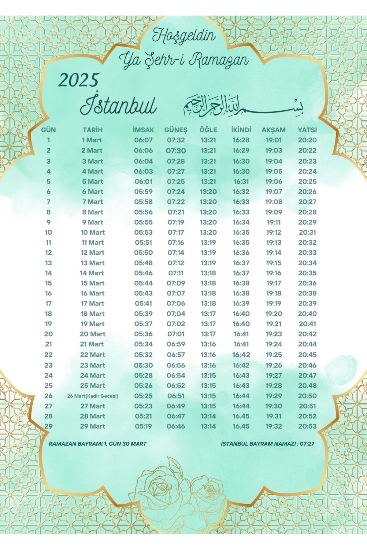 P Parla Ramazan İmsakiyesi Modern Kişiye Özel Tasarımlı Dijital Baskı 6 Adet A4 300 gr Model 49