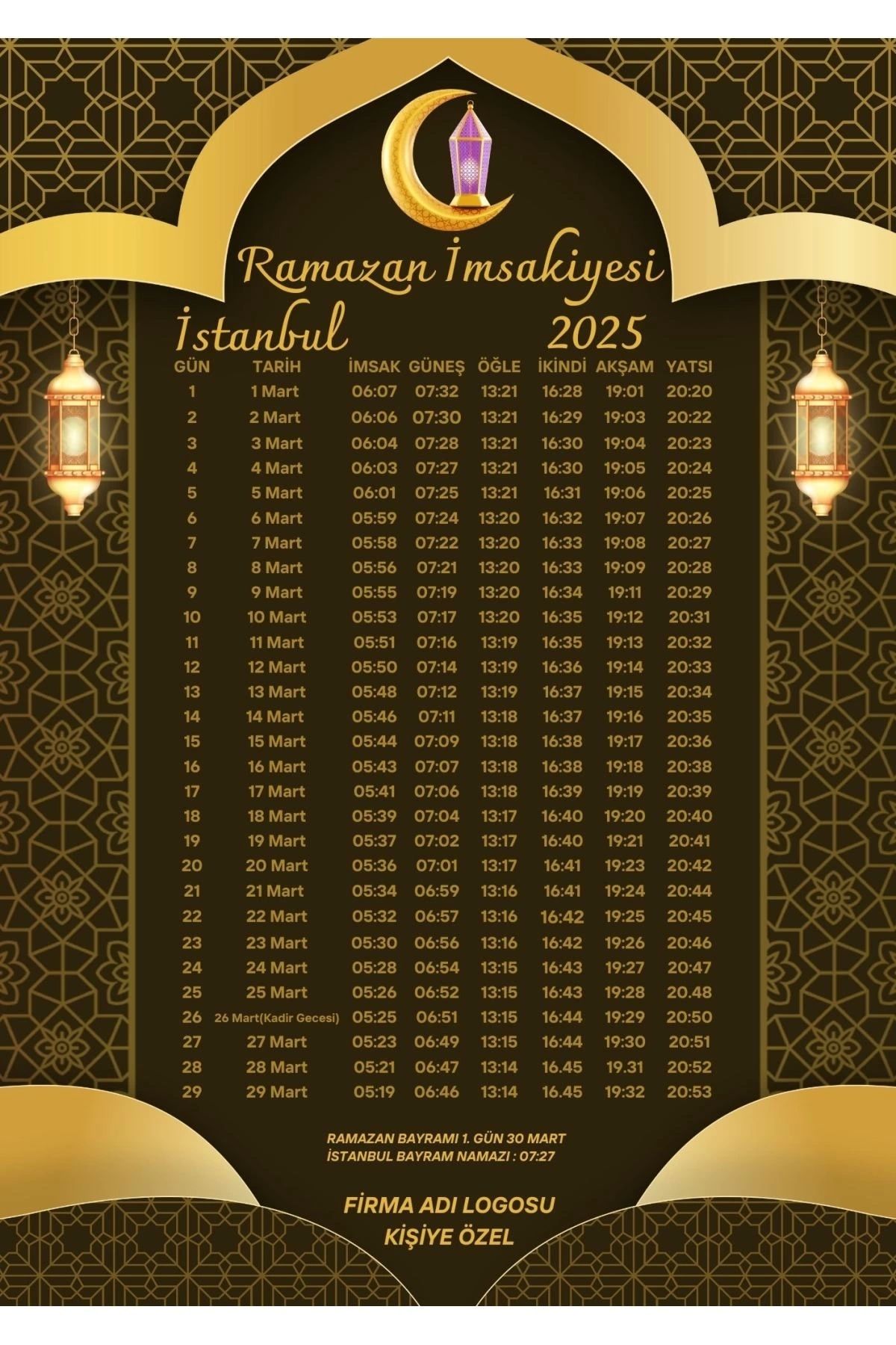 P Parla Ramazan İmsakiyesi Modern Kişiye Özel Tasarımlı Dijital Baskı 6 Adet A4 300 gr Model 47