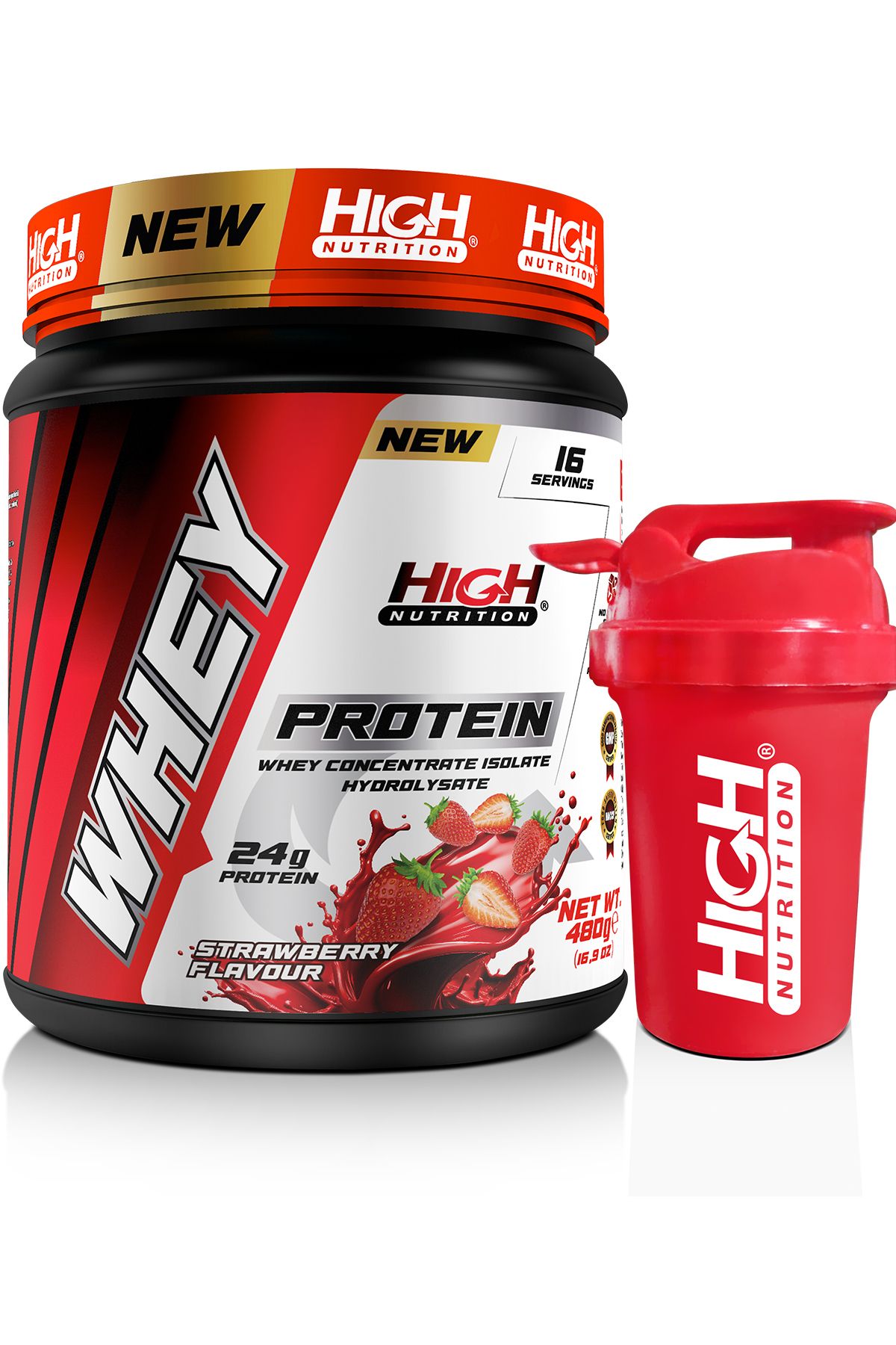 High Nutrition Whey Protein 480 gr Çilek Aromalı Protein Tozu 24 gram Protein 16 Servis