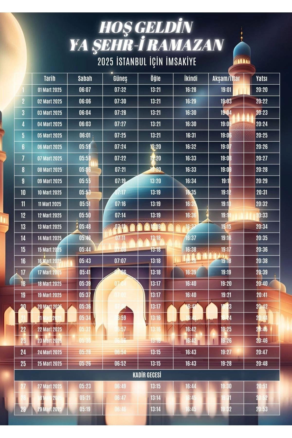 P Parla Ramazan İmsakiyesi Modern Kişiye Özel Tasarımlı Dijital Baskı 100 Adet A4 300 gr Model 12