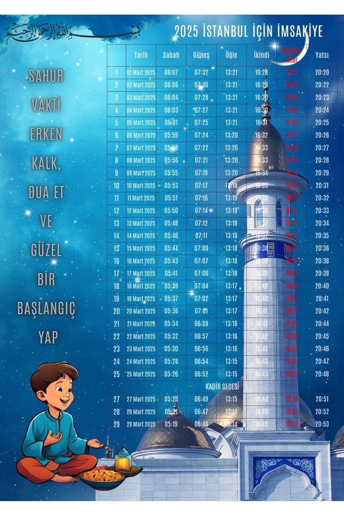 P Parla Ramazan İmsakiyesi Modern Kişiye Özel Tasarımlı Dijital Baskı 100 Adet A4 300 gr Model 2