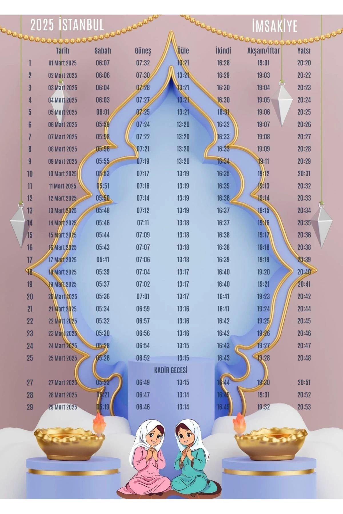 P Parla Ramazan İmsakiyesi Modern Kişiye Özel Tasarımlı Dijital Baskı 1000 Adet A4 300 gr Model 1