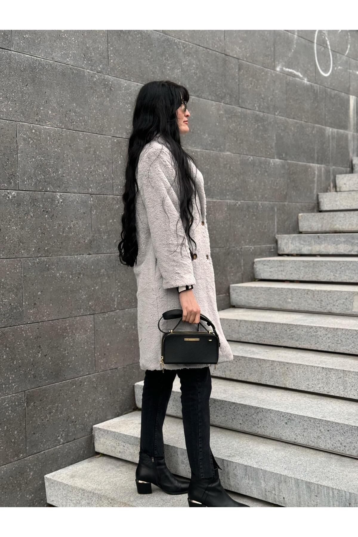 FEMİAS  Gri Düğmeli Uzun Oversize Peluş Manto - Görsel 5