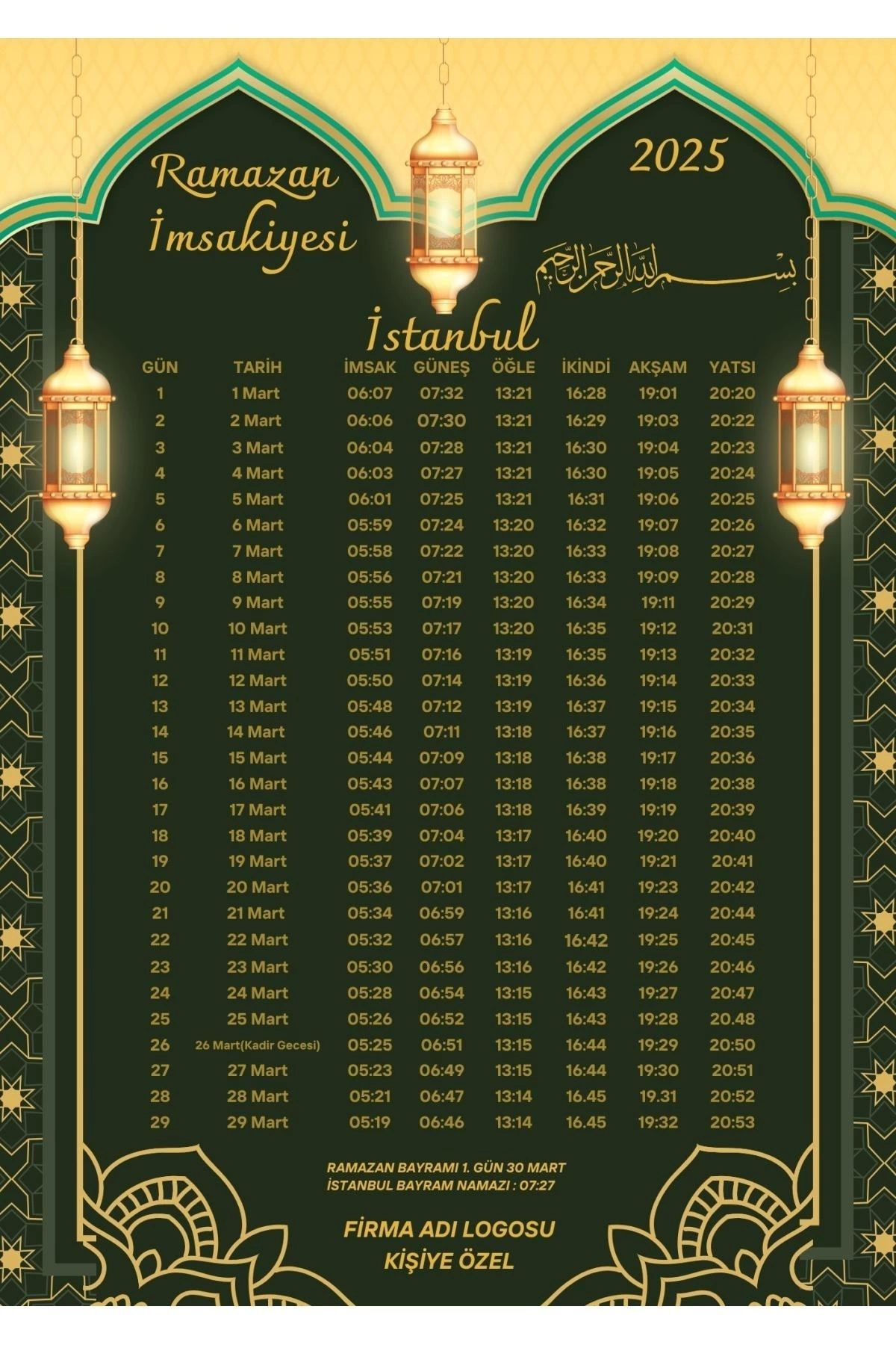 P Parla Ramazan İmsakiyesi Modern Kişiye Özel Tasarımlı Dijital Baskı 1000 Adet A4 300 gr Model 46