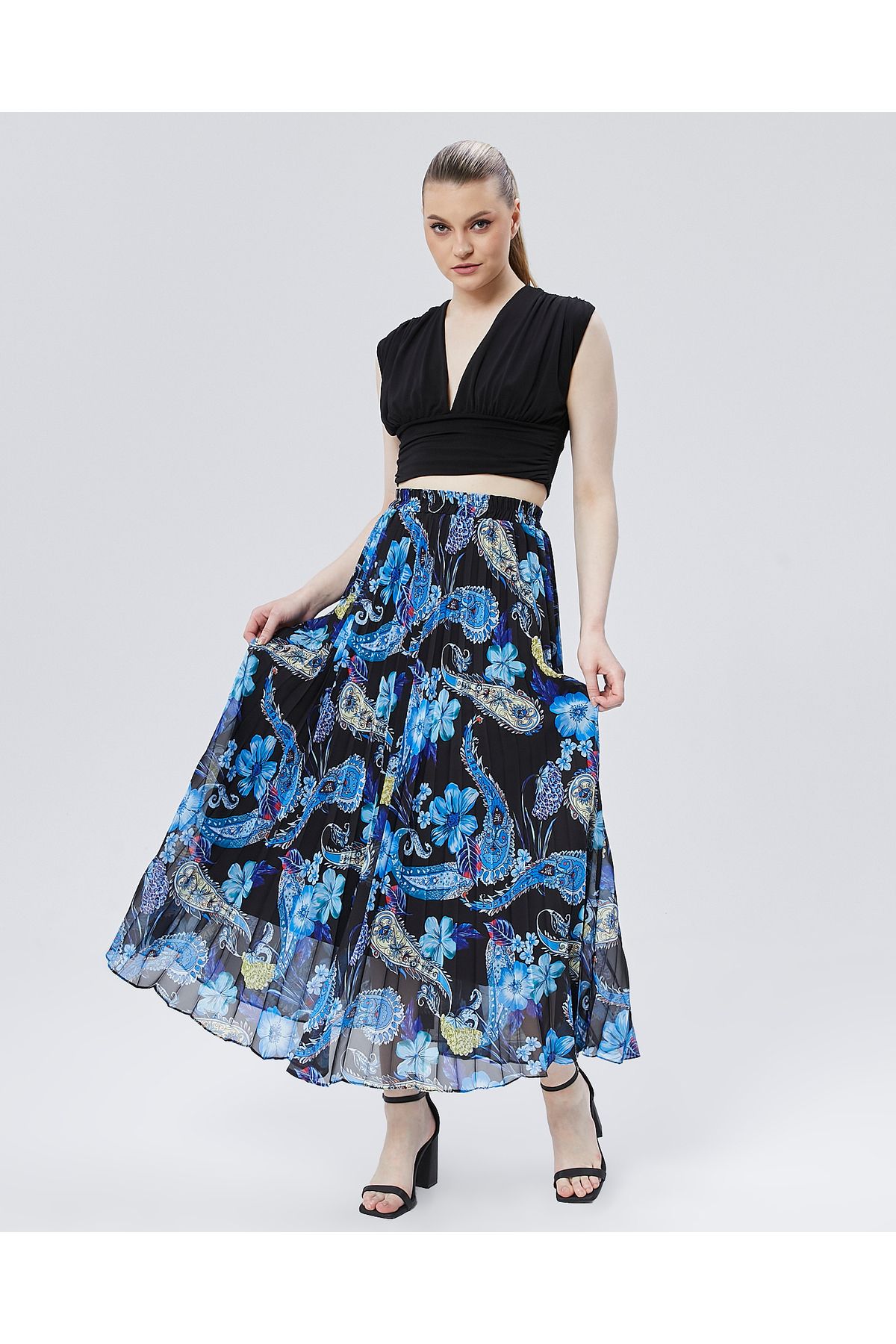 sehatex-Pleated Chiffon Skirt - Patterned, Elastic Waist and Lined Qys 2